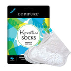 Bodipure keratin foot mask socks being worn on feet for treatment