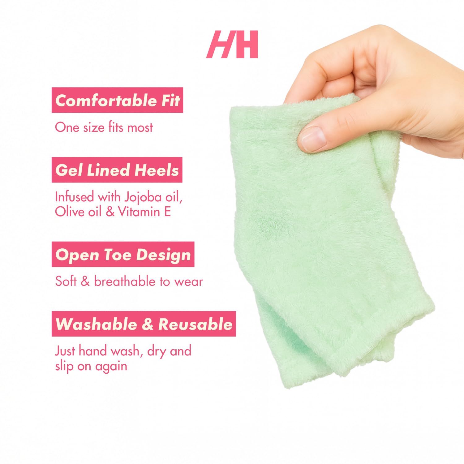 Handmade Heroes cracked heel treatment gel socks packaging details showing jojoba oil benefits.