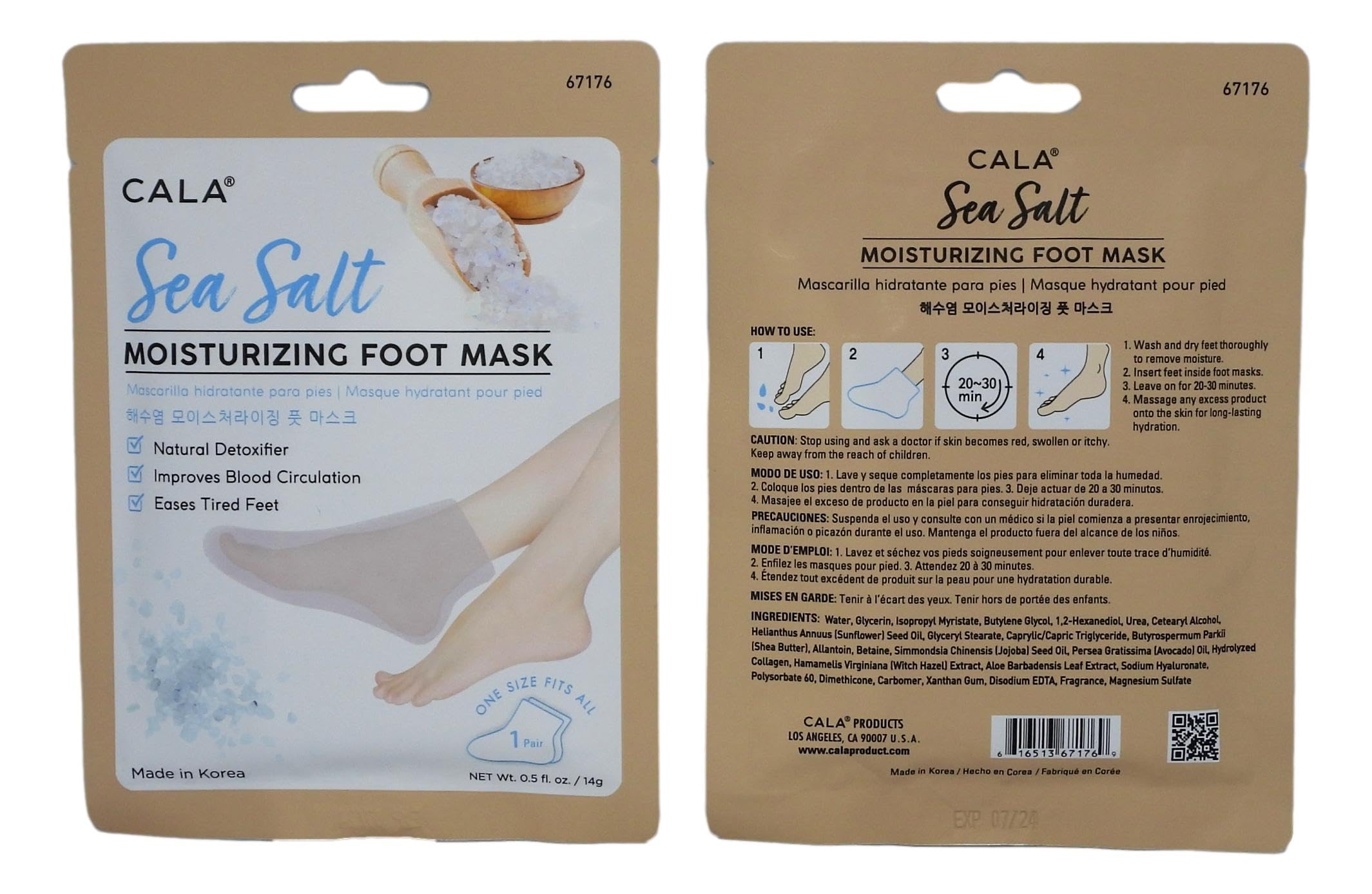 Back packaging of Cala foot mask showing ingredients and usage instructions.