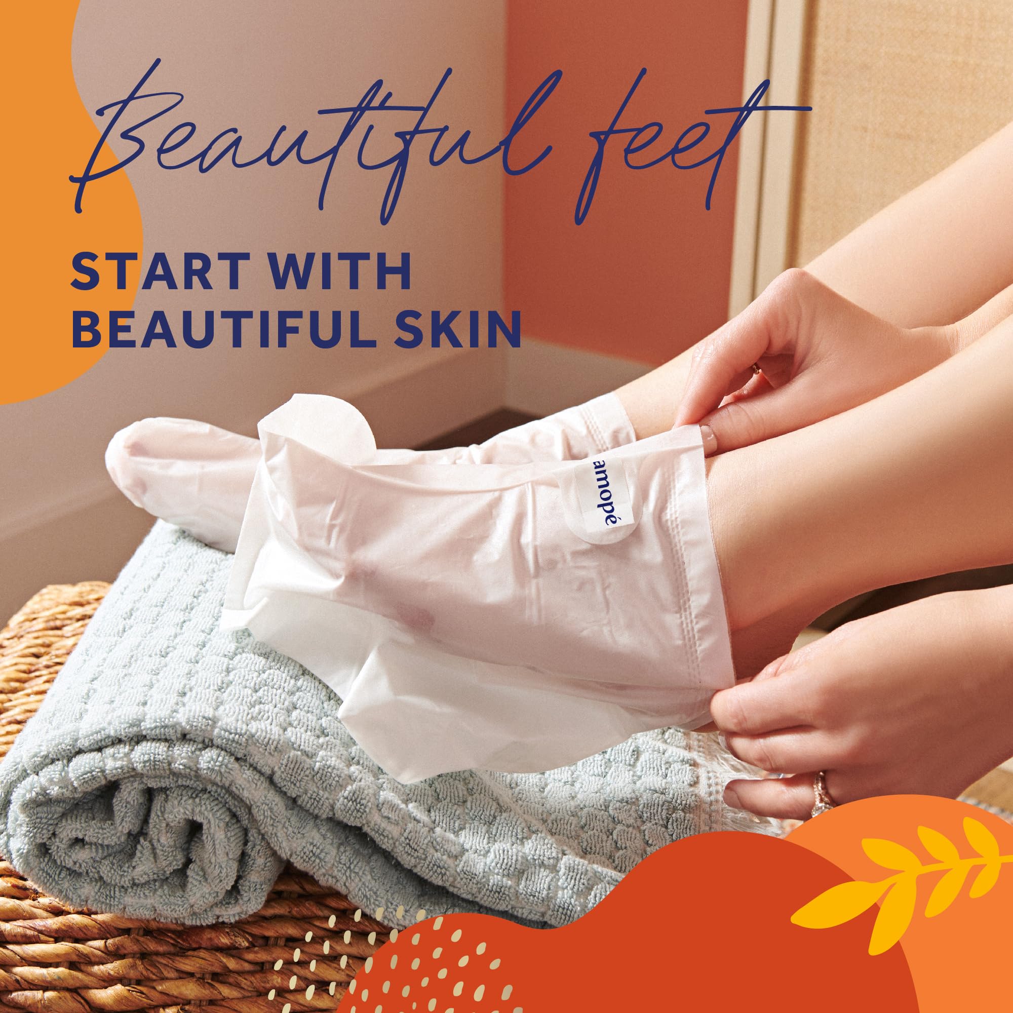 Close up of Amopé foot mask socks with secure adhesive tabs for mess-free use.