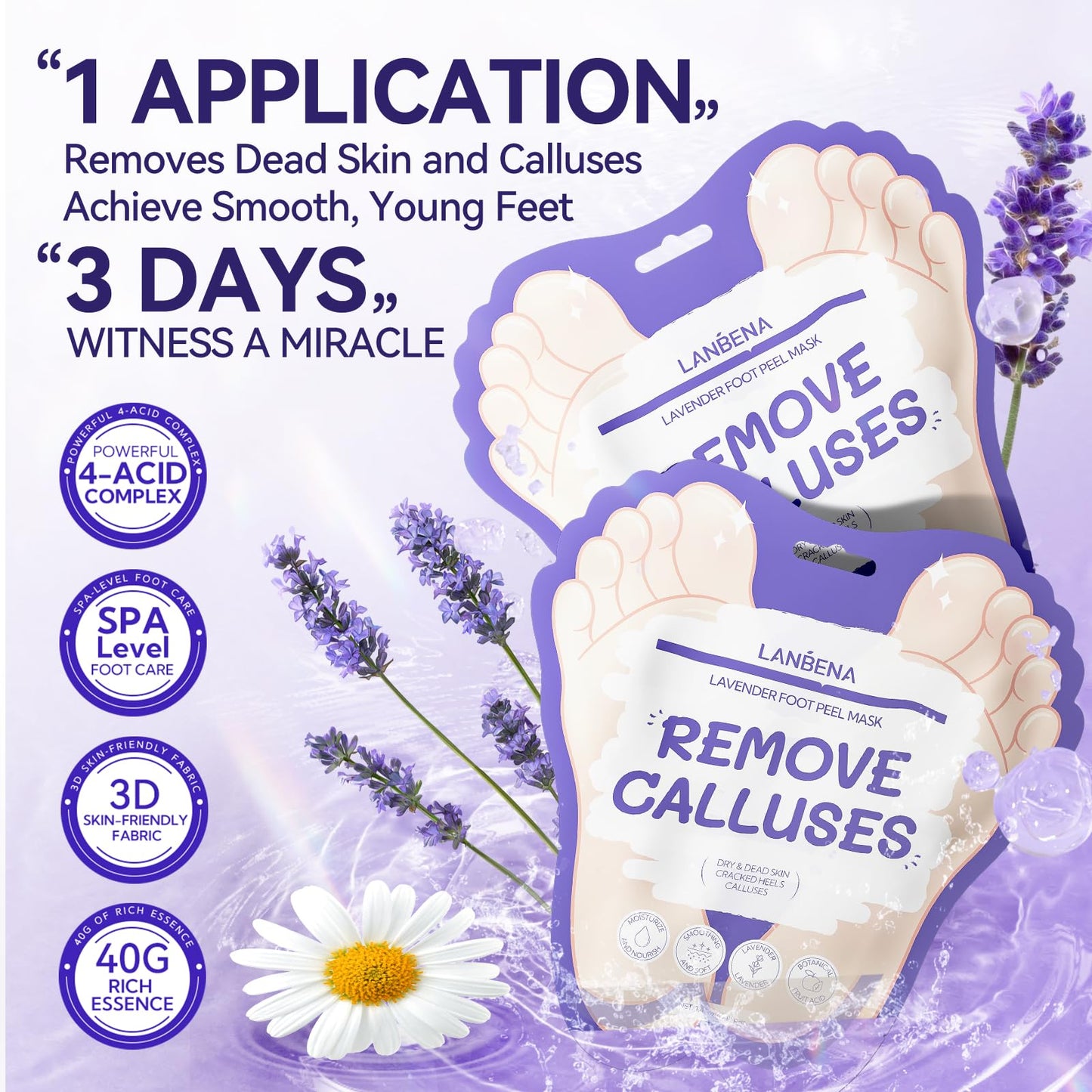 LANBENA exfoliating foot booties close up demonstrating the secure adhesive tab system.