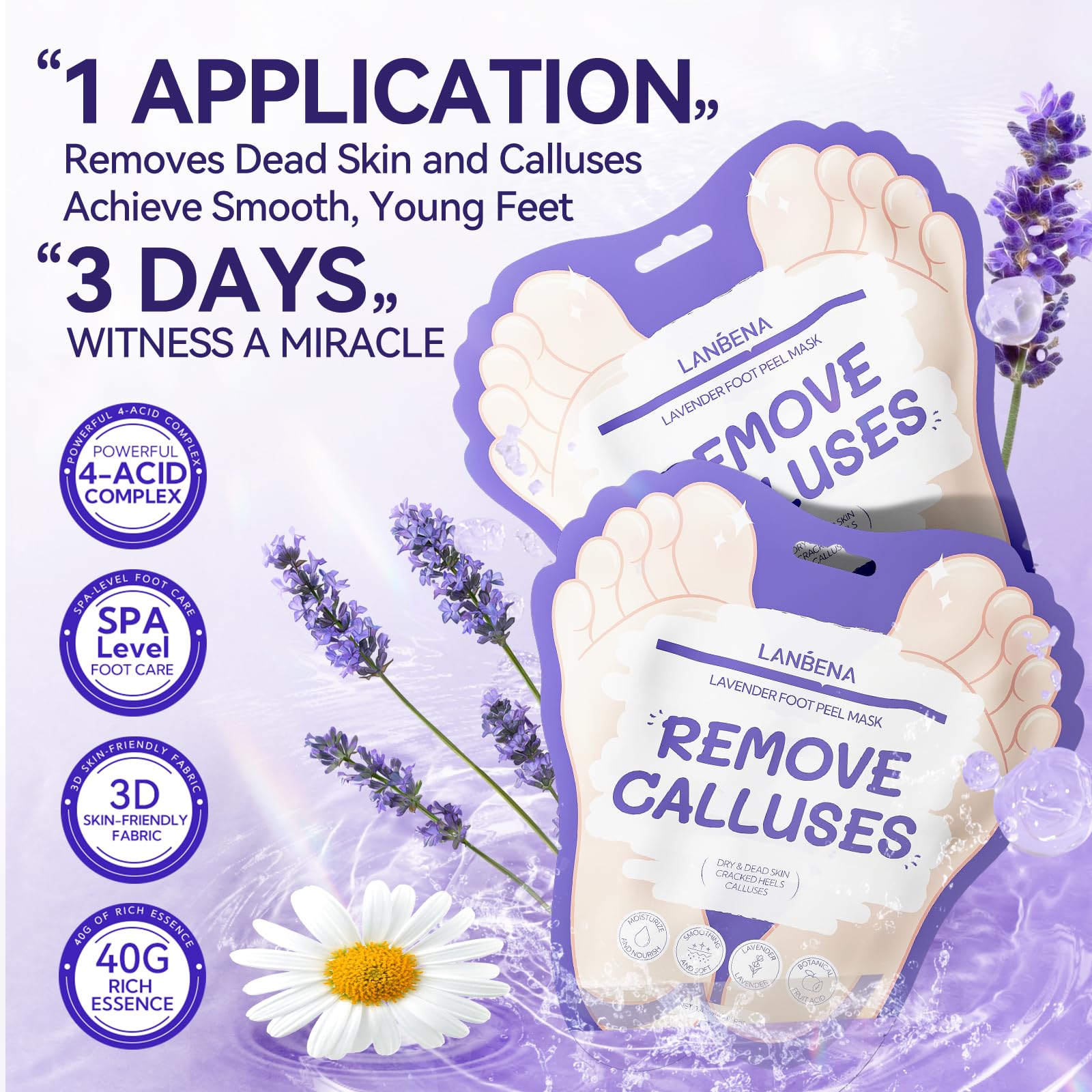 LANBENA exfoliating foot booties close up demonstrating the secure adhesive tab system.