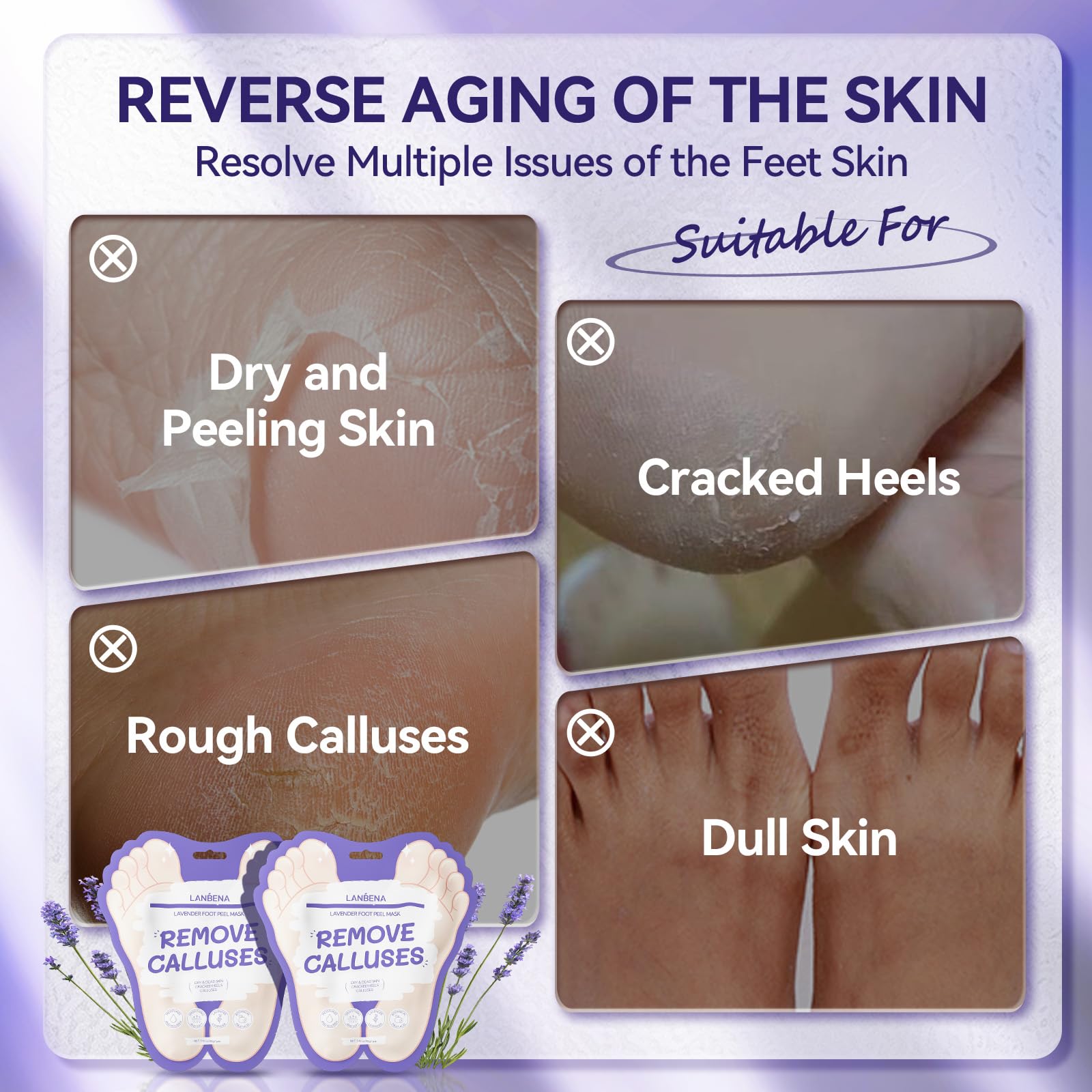 LANBENA foot mask packaging highlighting lavender oil and natural fruit acid ingredients.