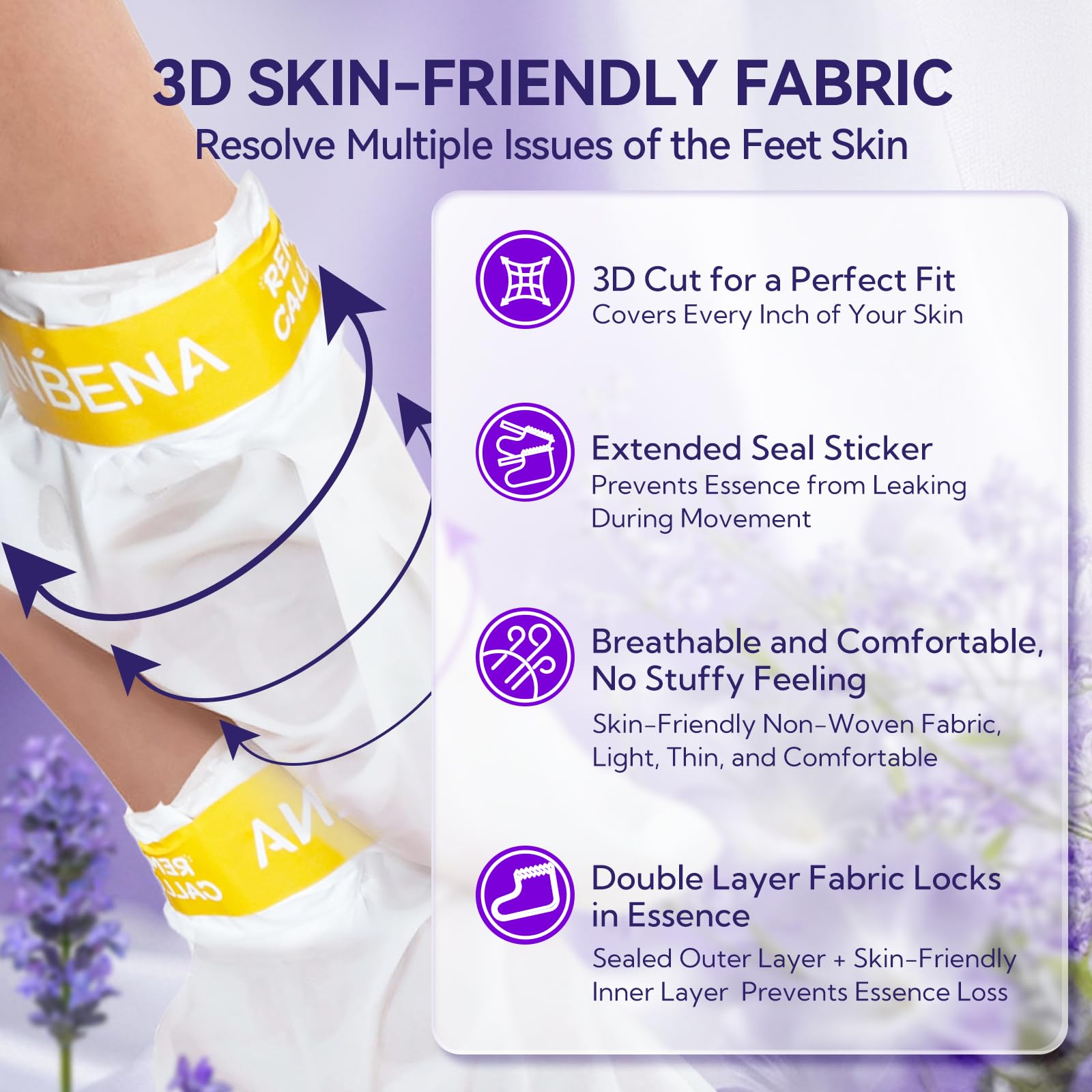 Two pairs of LANBENA lavender scented moisturizing booties unfolded for application.