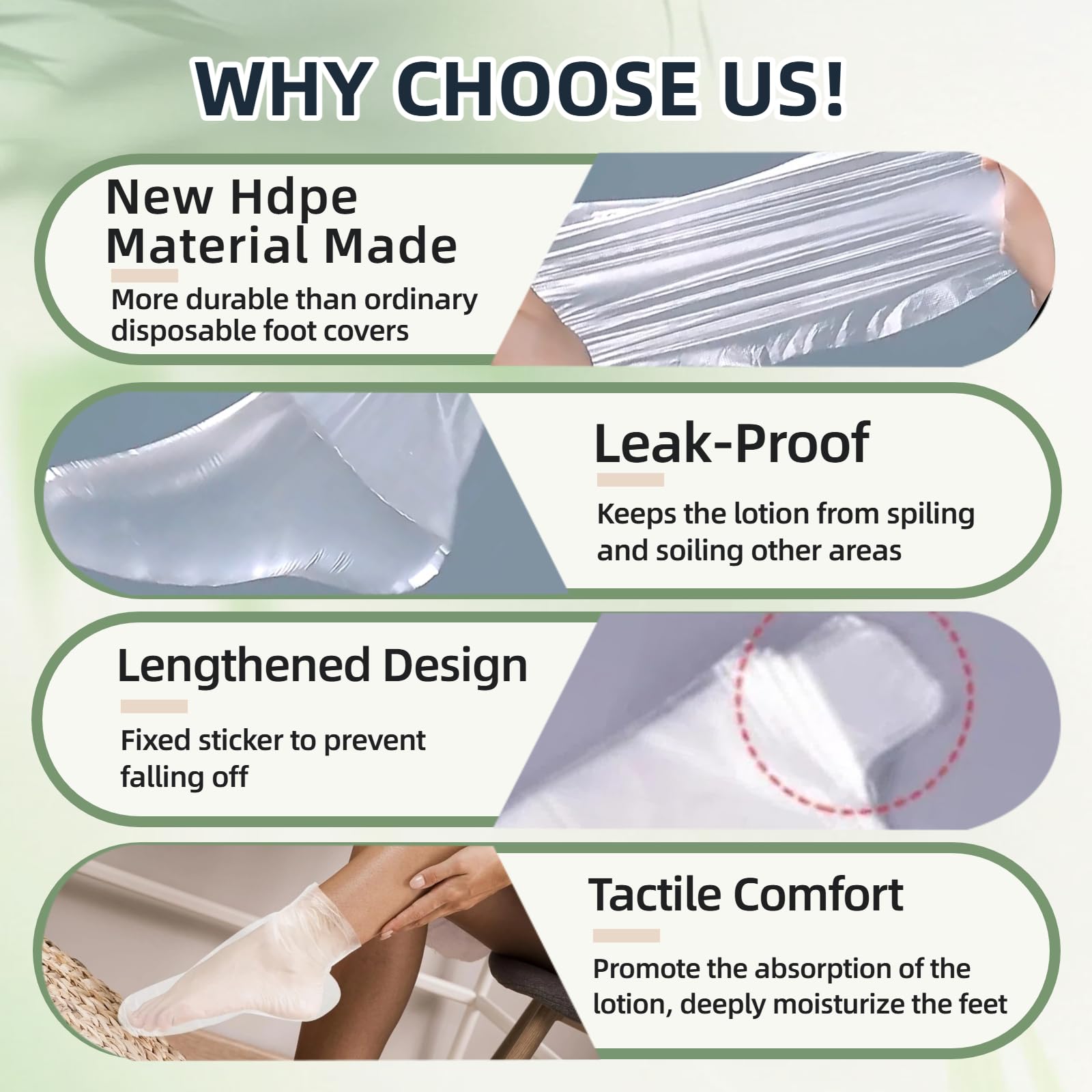 Transparent disposable plastic socks used over hot wax foot treatment for hydration