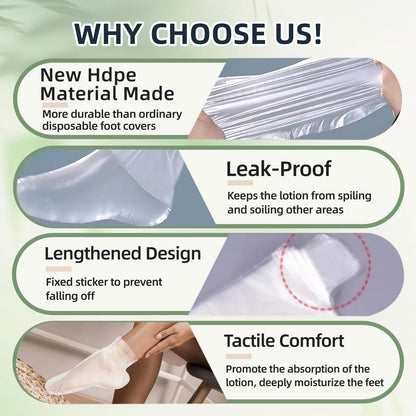 Transparent disposable plastic socks used over hot wax foot treatment for hydration