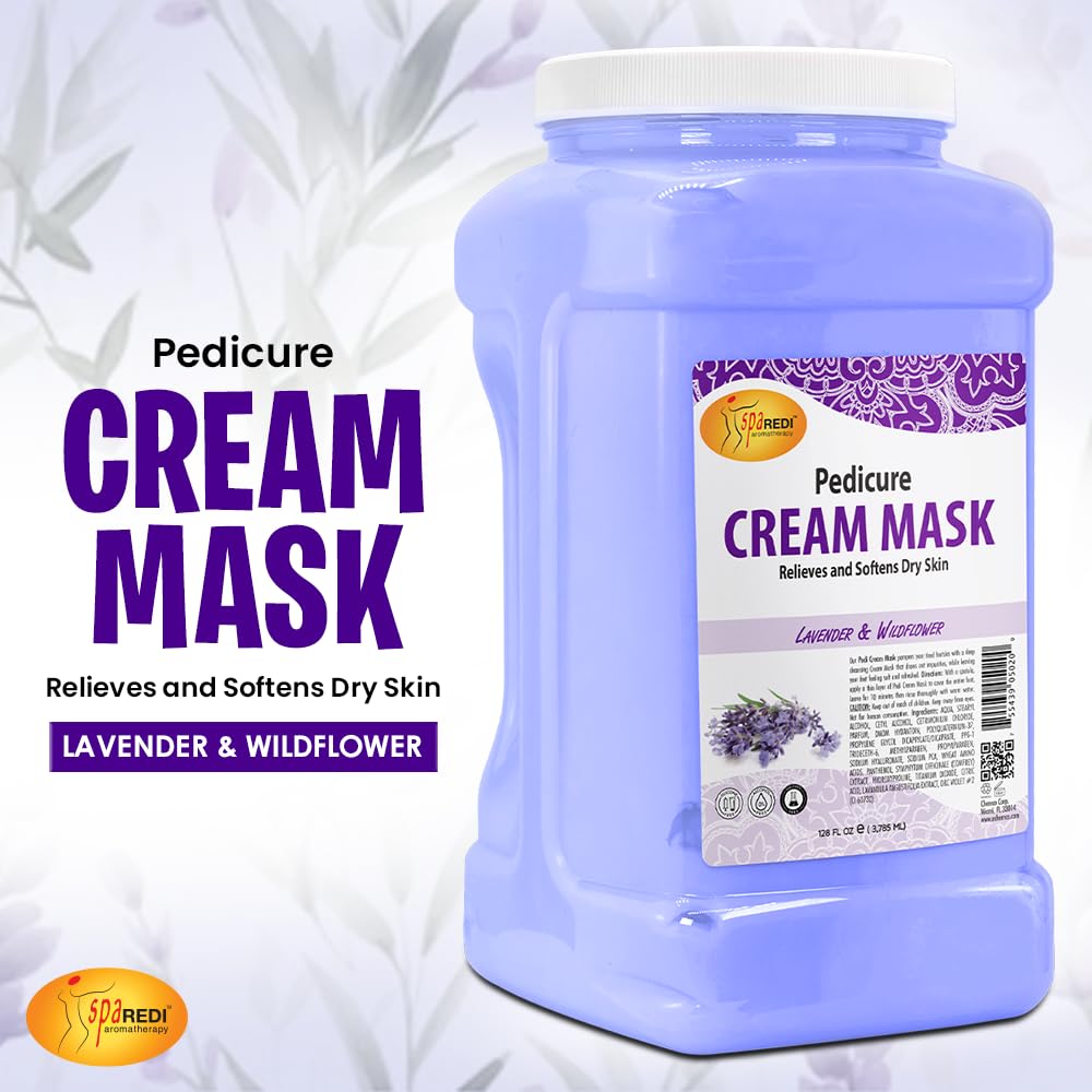 Large 128 ounce tub of Spa Redi pedicure mask for dry feet and body hydration.