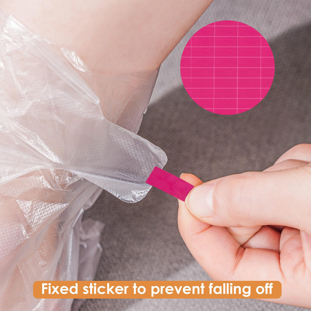 Close-up of open mouth and adjustable ankle sealing sticker on foot cover