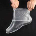 Model wearing Quacc disposable foot covers for deep moisturizing foot care