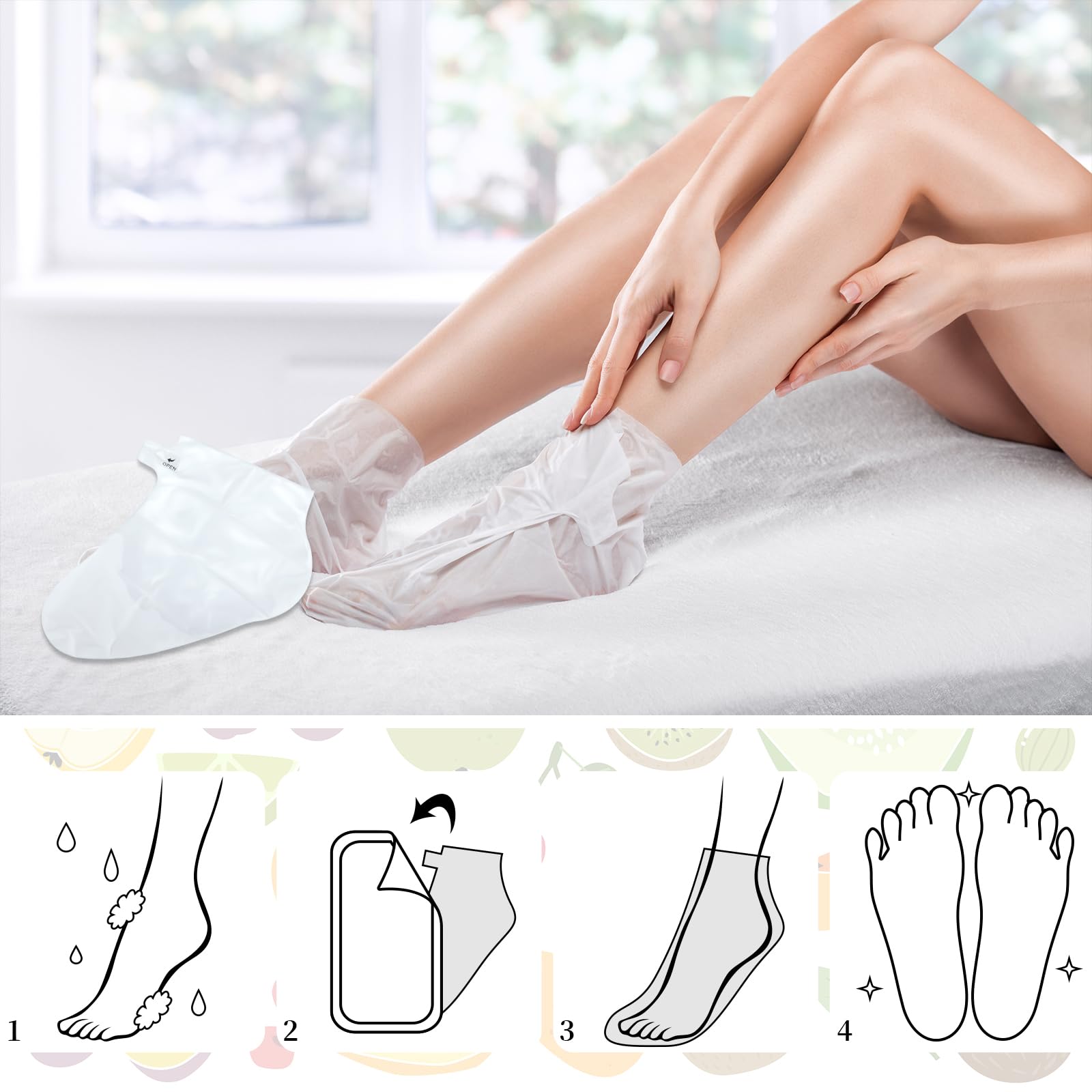 Six different varieties of Swiffen fruit foot masks including cherry and avocado flavors arranged neatly.