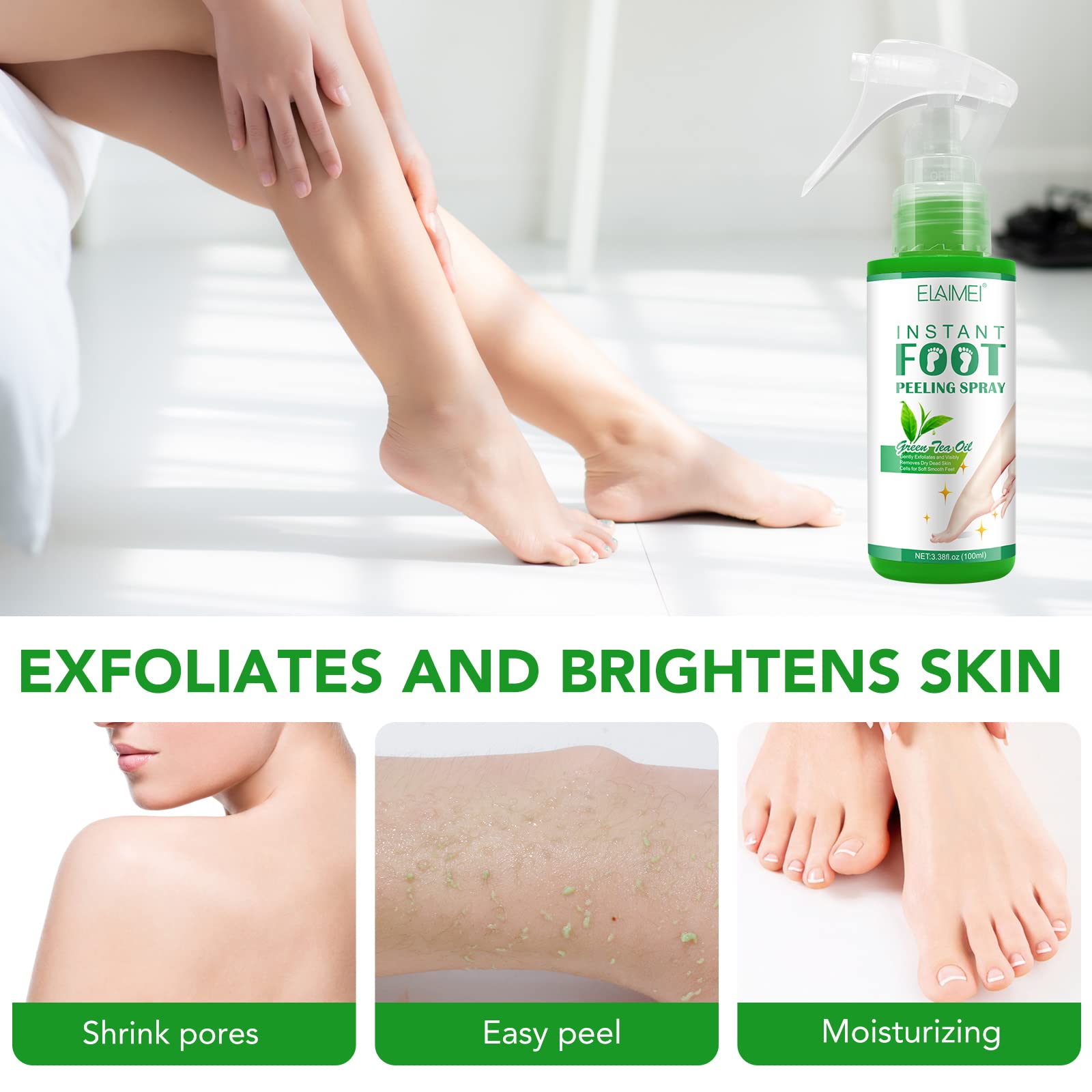 Instant foot peeling spray 100ml bottle showing green tea ingredients