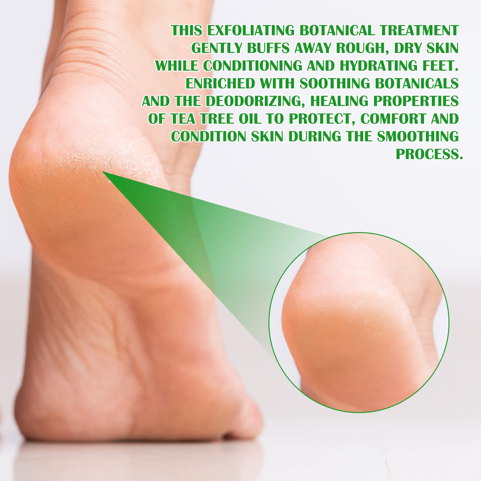 Person applying green tea foot spray to dry heels for pedicure