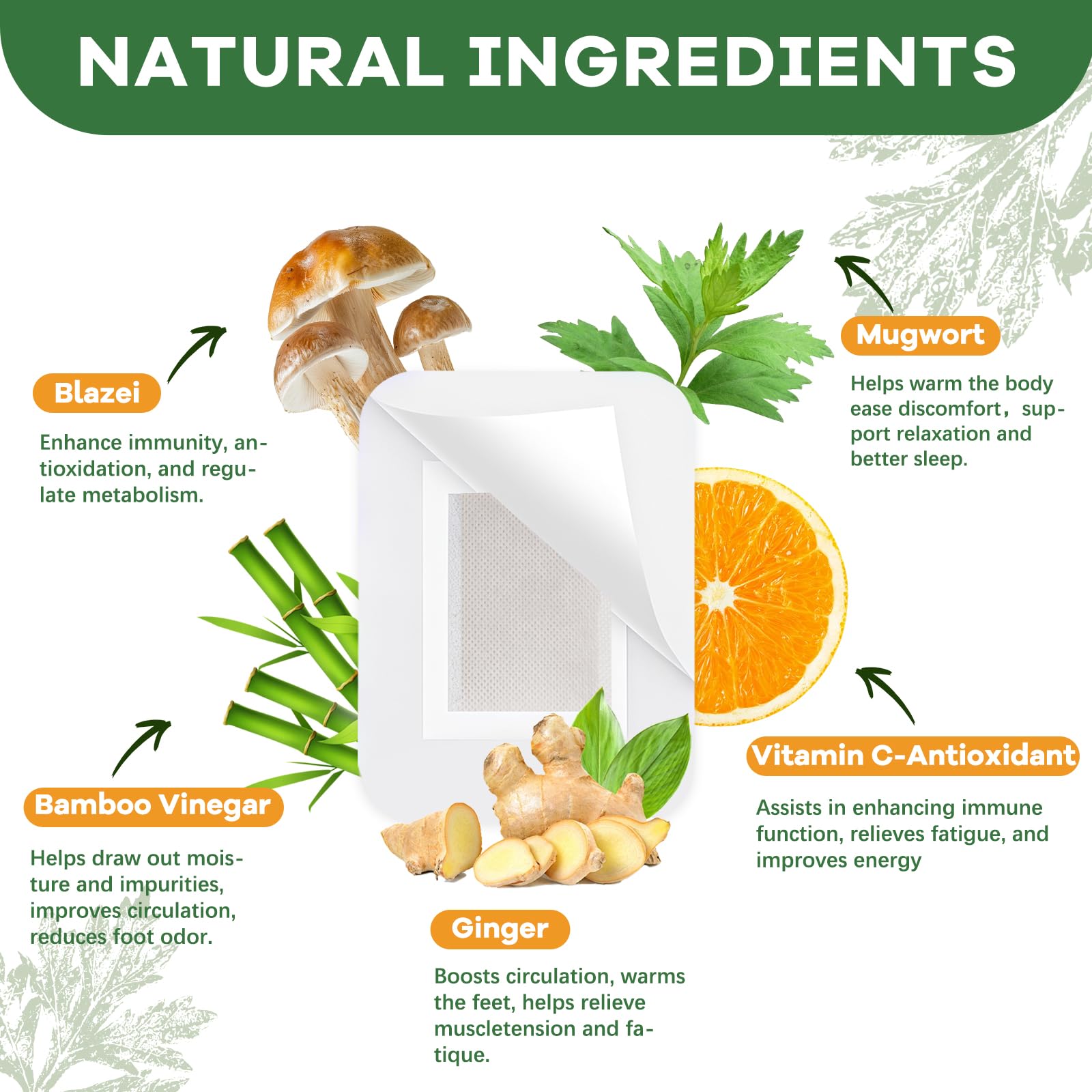 Natural ingredient highlights including bamboo vinegar ginger and mugwort on Elephant Health box packaging