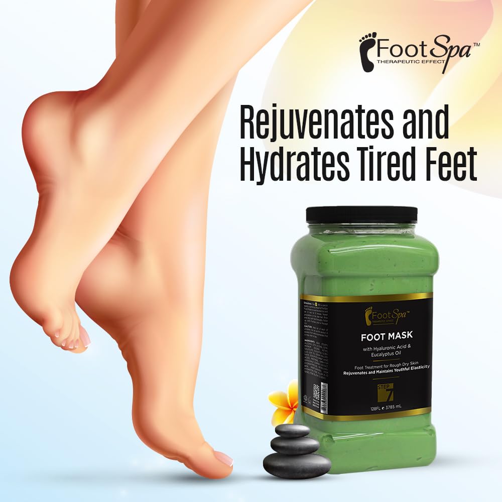 Large green container of FootSpa foot mask with peppermint and eucalyptus oil