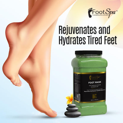 Large green container of FootSpa foot mask with peppermint and eucalyptus oil
