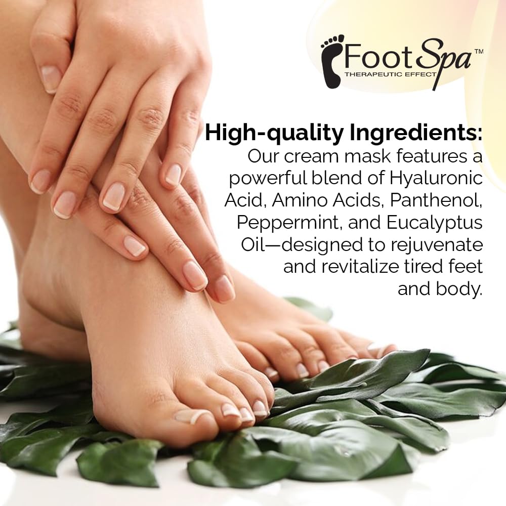FootSpa cream mask label showing Hyaluronic Acid and Amino Acid ingredients
