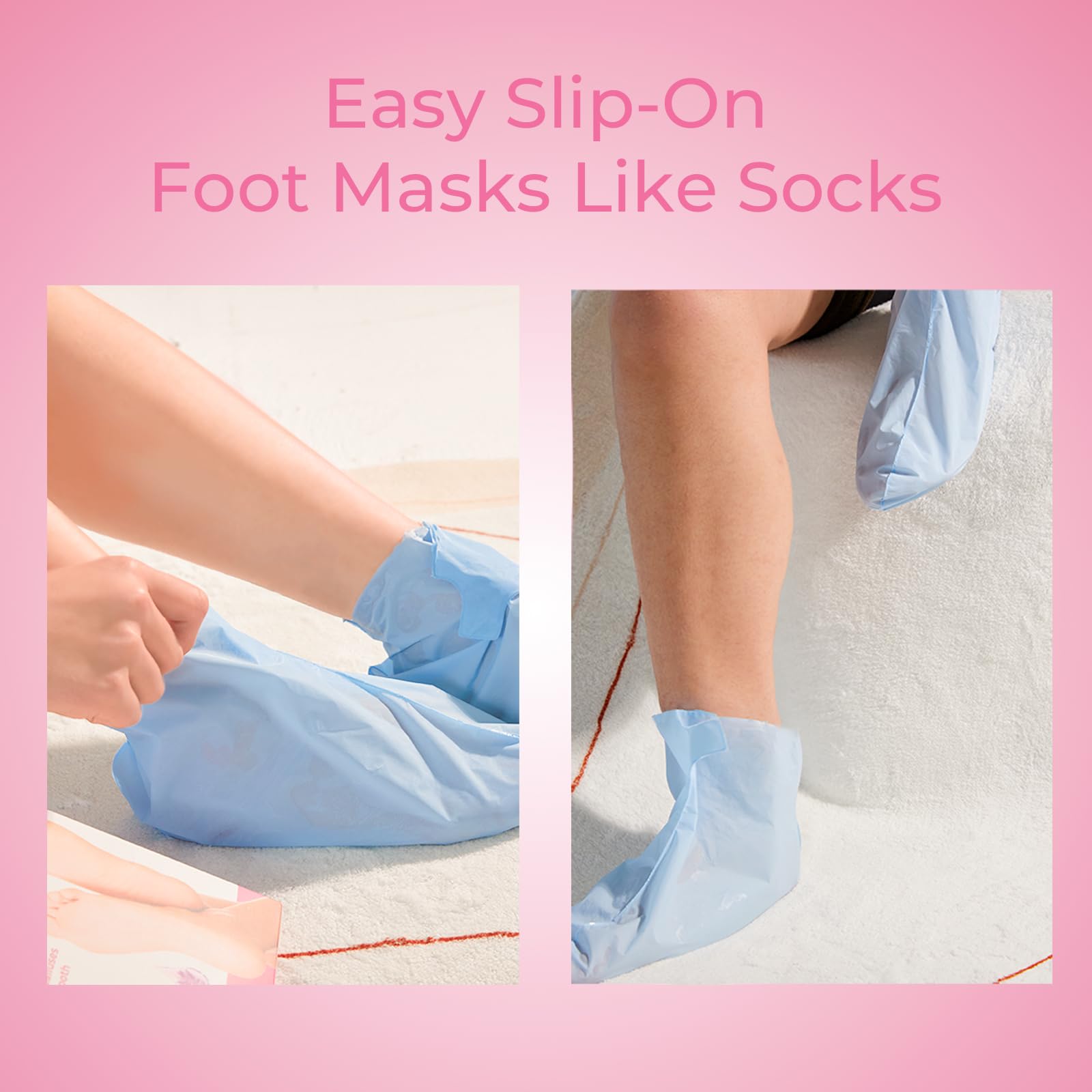 Steps demonstrating how to soak and apply the SAISZE lavender foot peel
