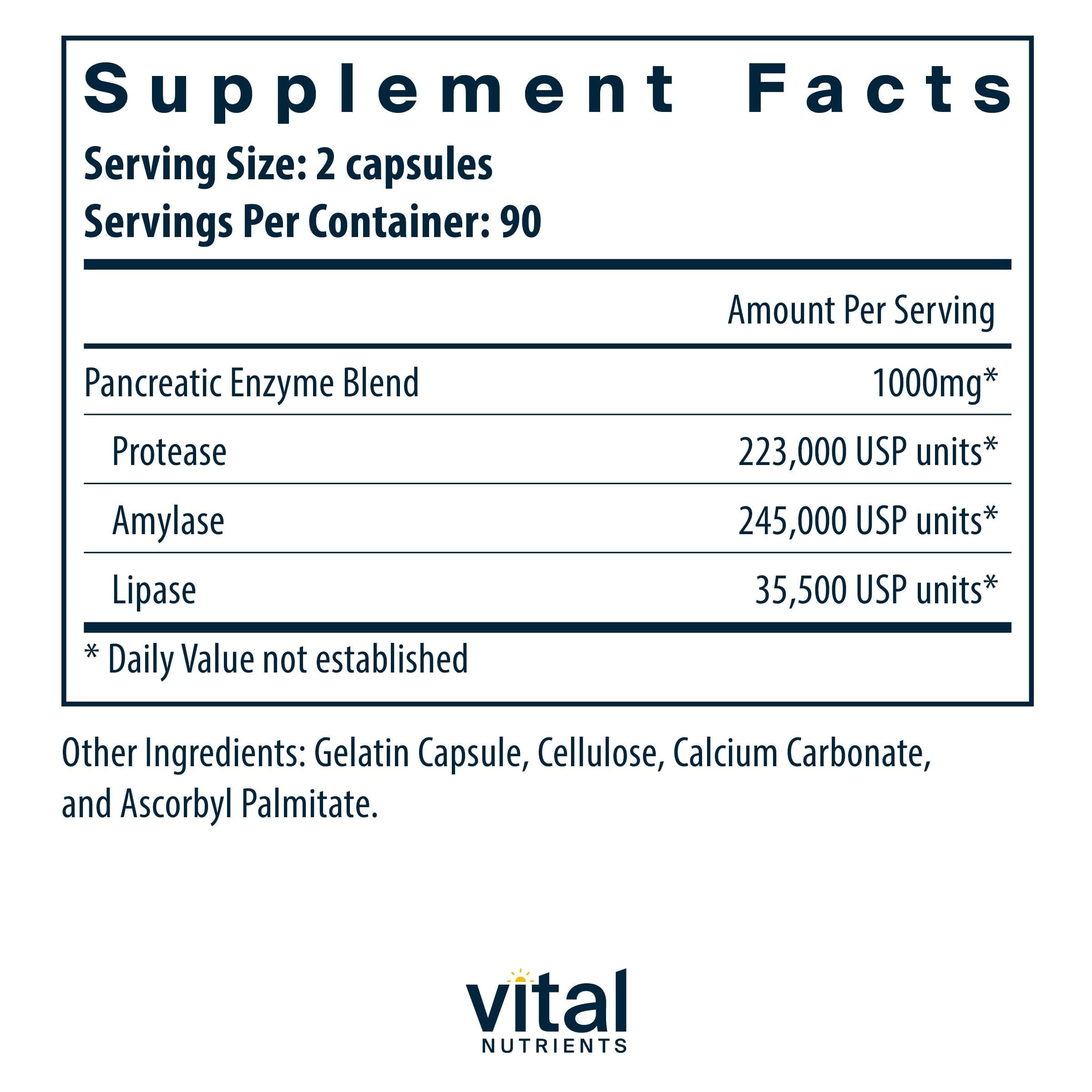 Vital Nutrients Pancreatin full strength capsules supplement facts and ingredient list