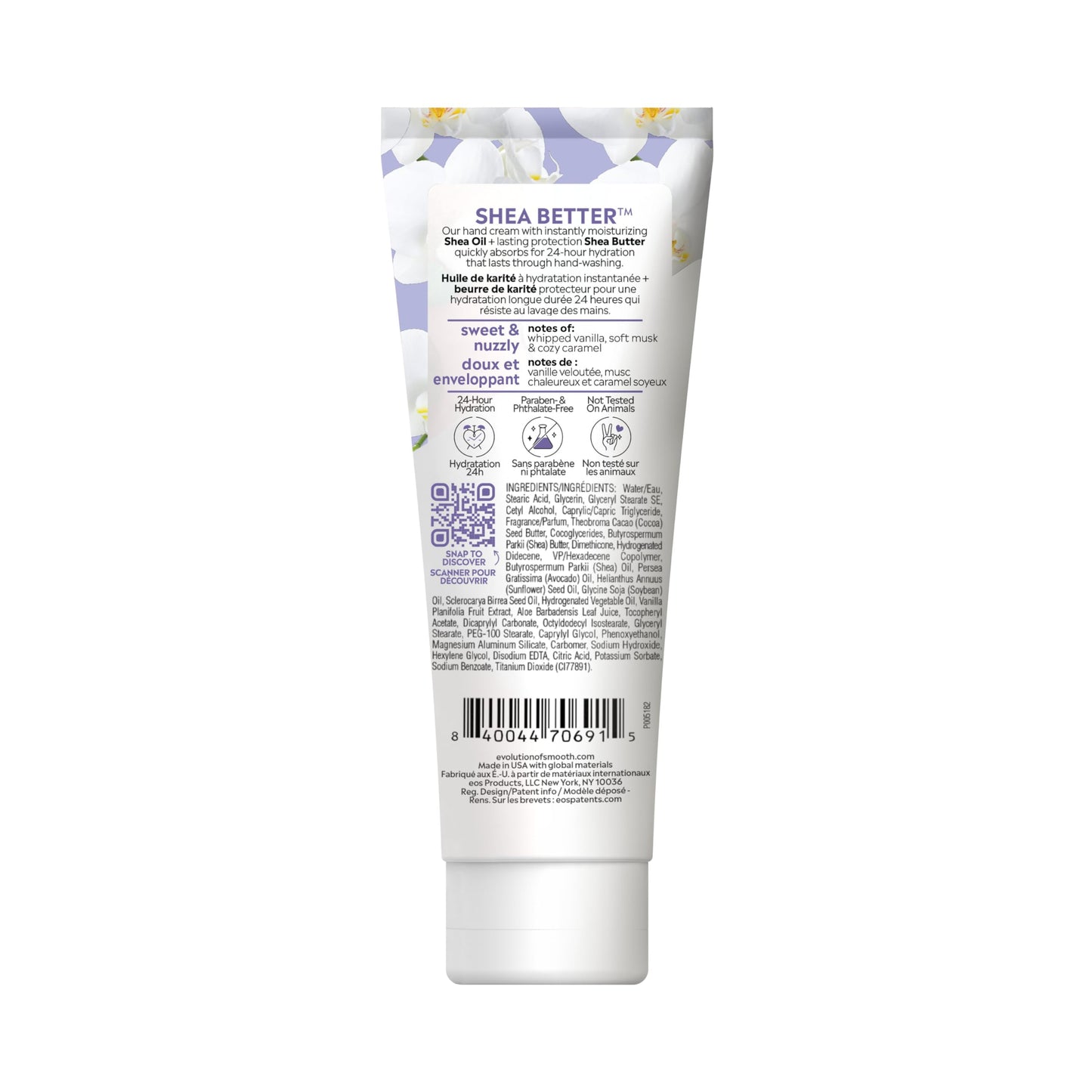 Eos Vanilla Cashmere hand lotion packaging details