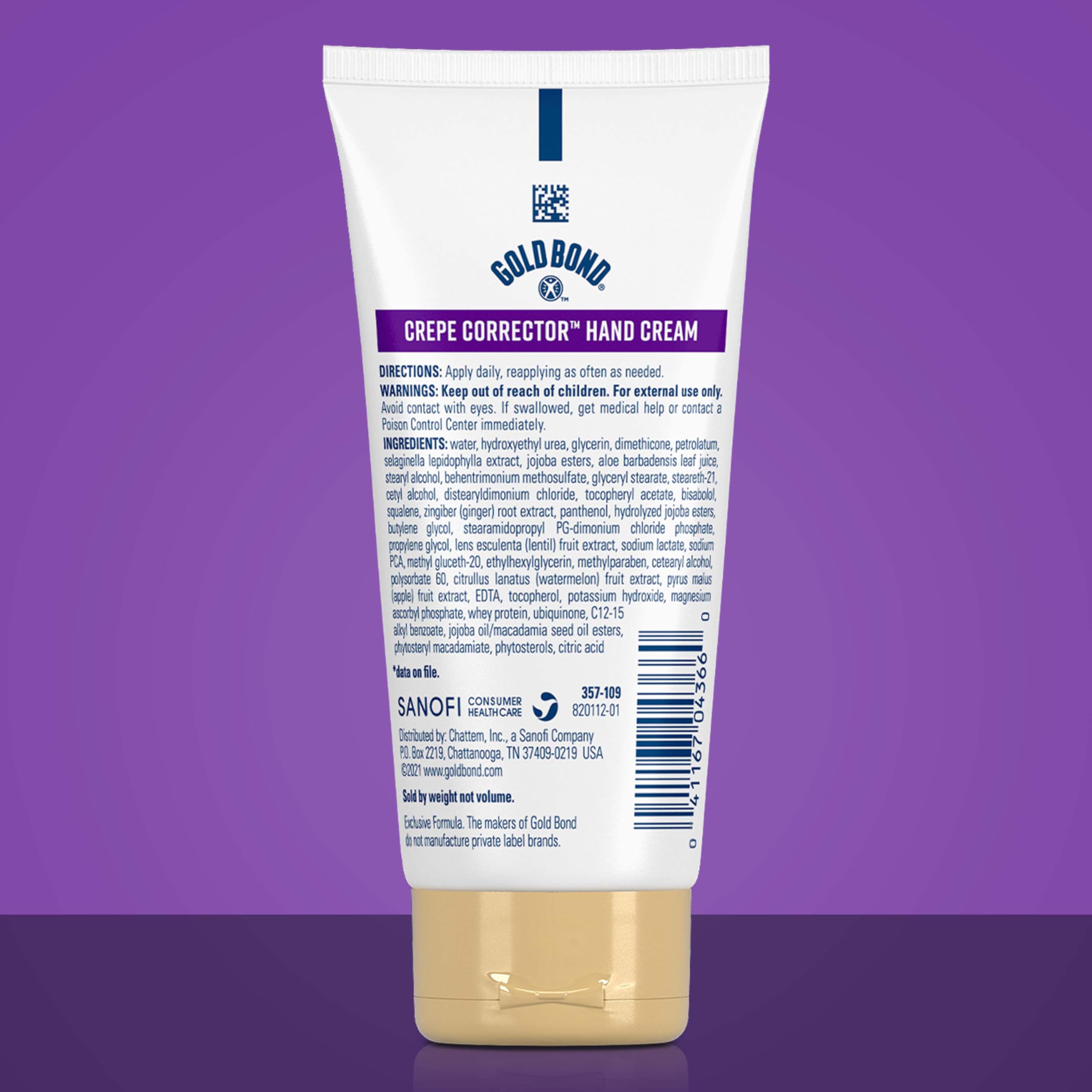 Gold Bond anti aging hand cream showing the back label with ingredients and product benefits