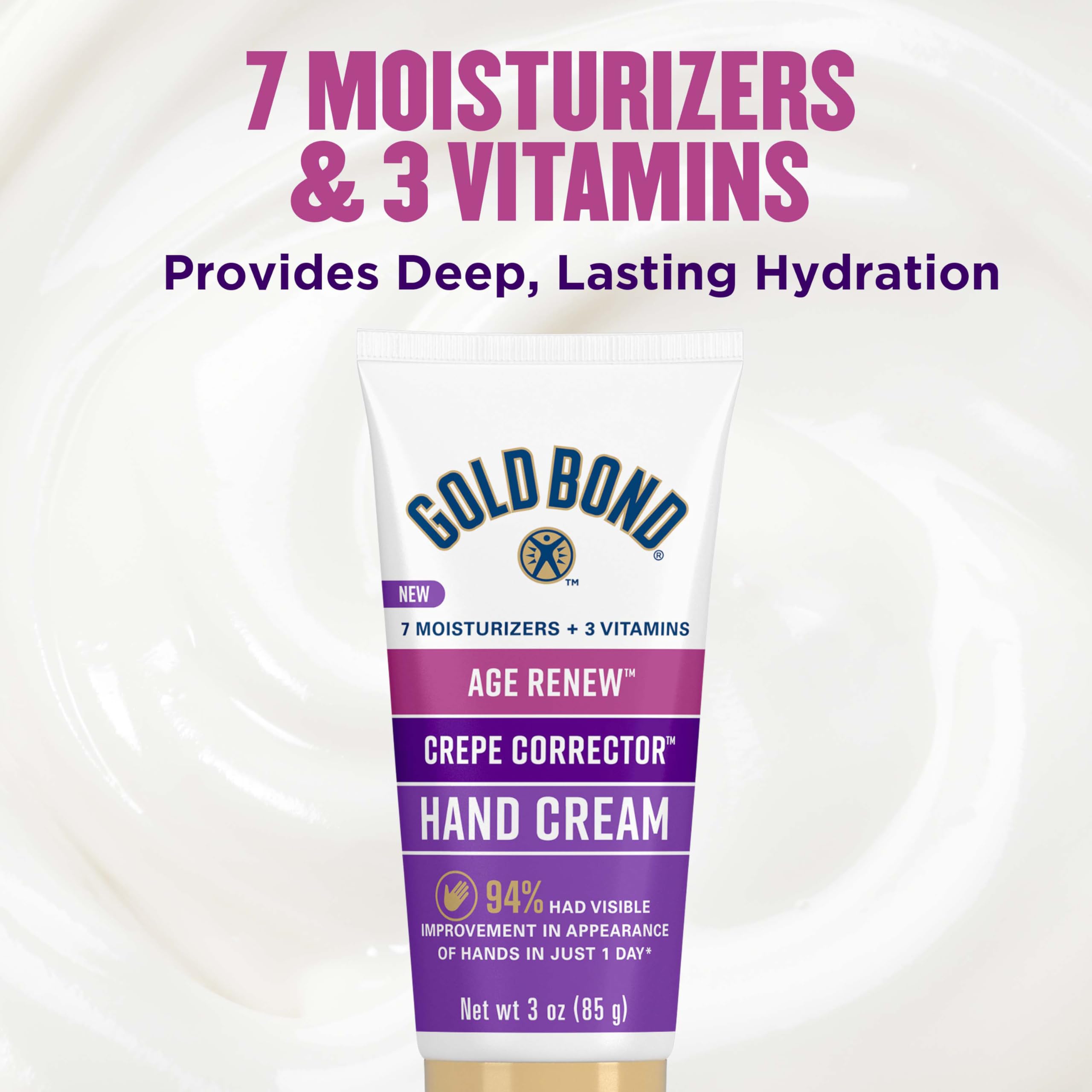 Close up view of Gold Bond hand cream showing texture and key vitamin benefits