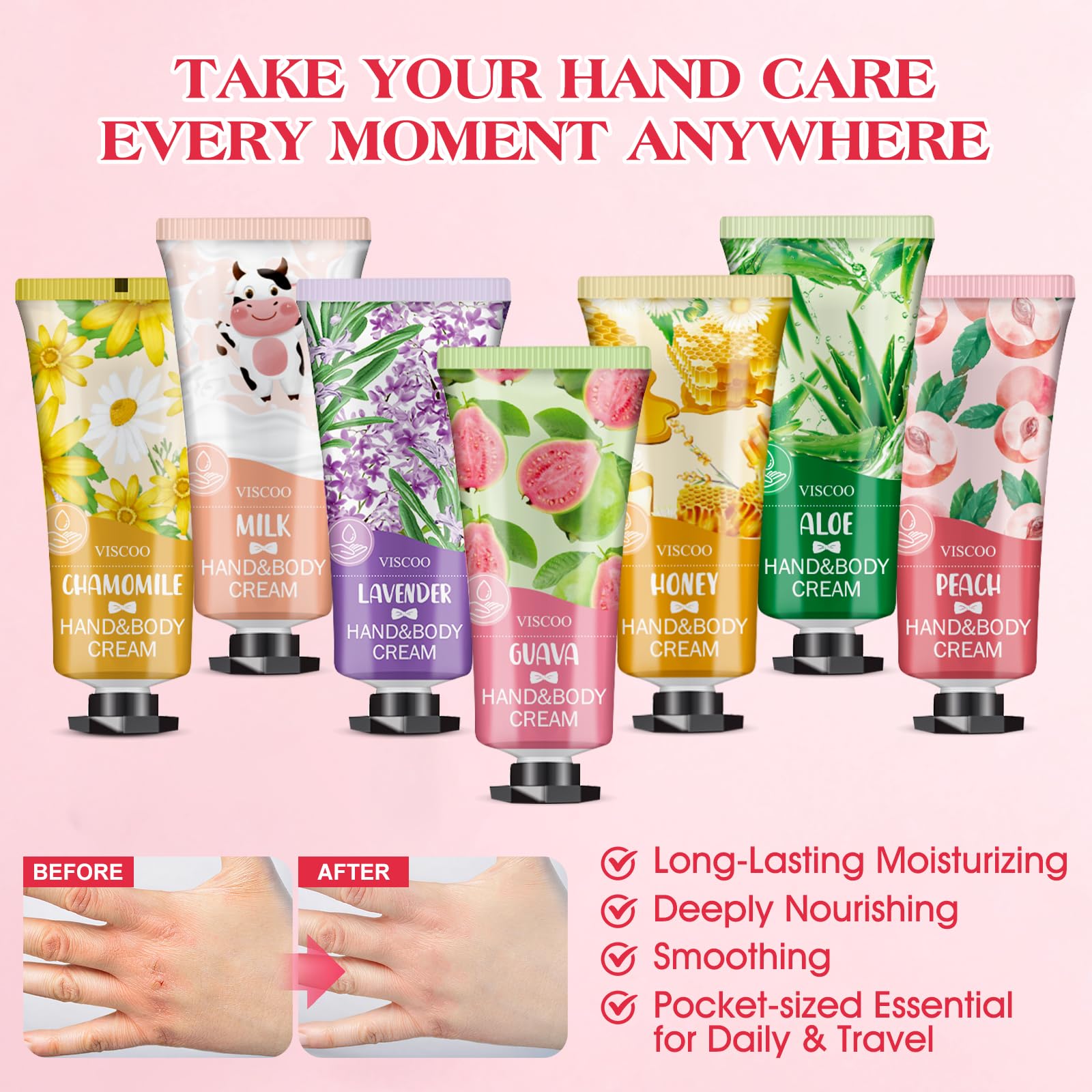 Seven individual VISCOO hand cream tubes arranged neatly showing lavender and honey variants
