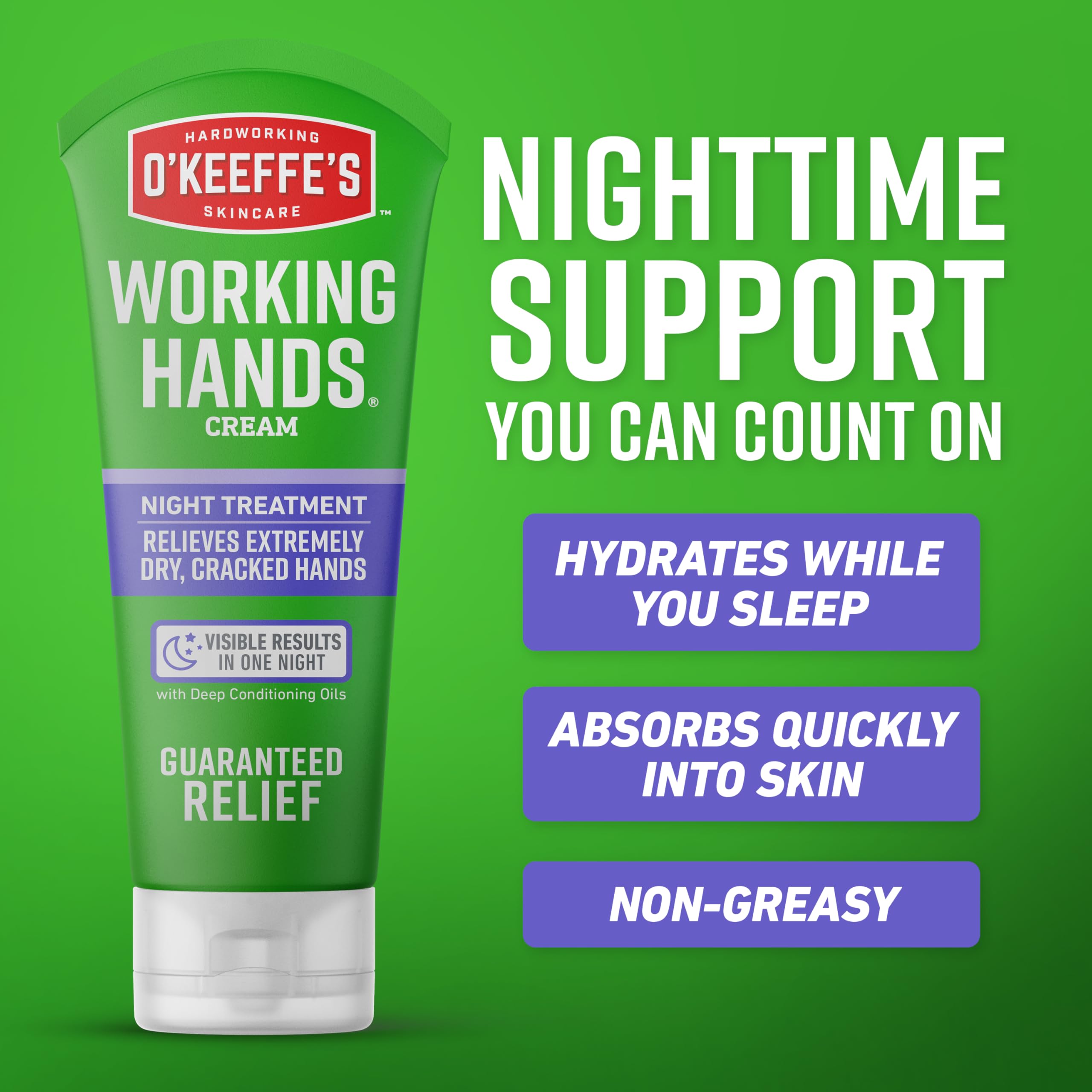 USA imported O'Keeffe's Working Hands deep conditioning night cream package highlighting the hypoallergenic and non-greasy formula.