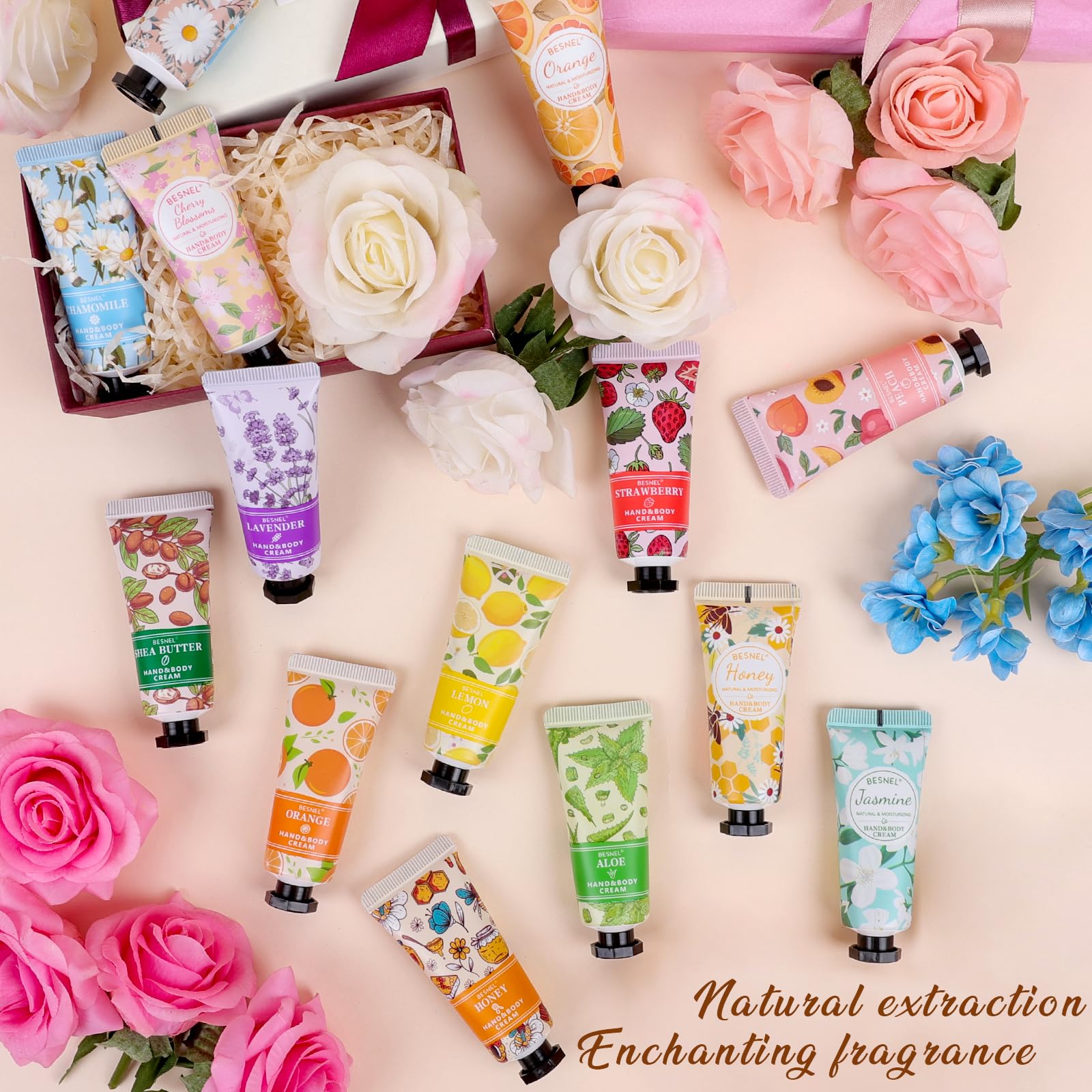 Close-up of Besnel shea butter and lavender moisturizing creams in individual packaging