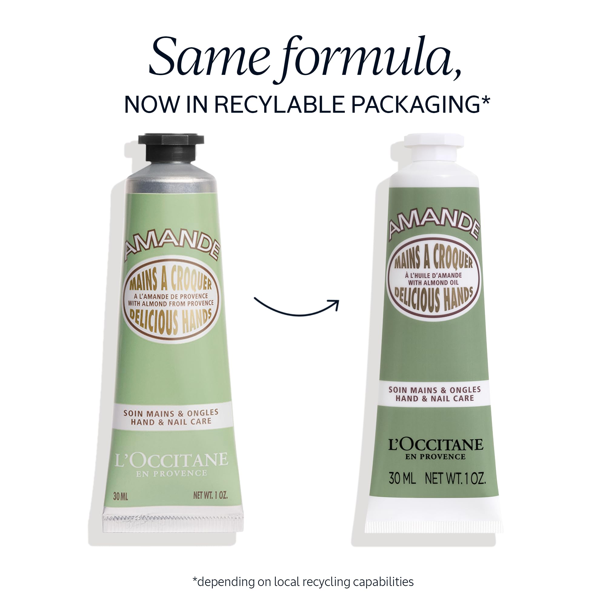 L'Occitane almond hand cream texture being applied to soft hands and cuticles.