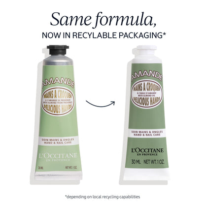 L'Occitane almond hand cream texture being applied to soft hands and cuticles.