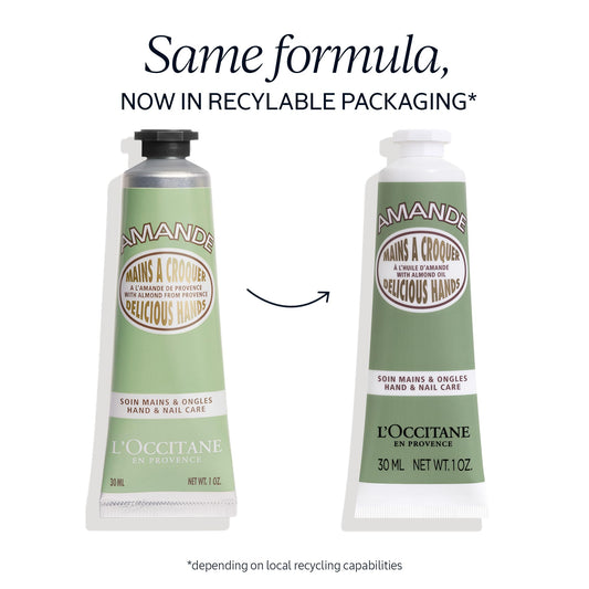 L'Occitane almond hand cream texture being applied to soft hands and cuticles.