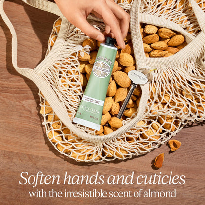 Travel sized L'Occitane Almond Delicious Hands tube showcasing authentic French skincare packaging.