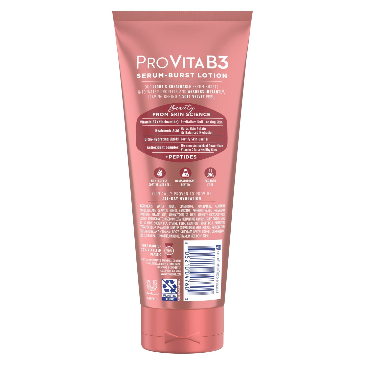 Vaseline Pro VitaB3 body lotion showing key ingredients Niacinamide and Hyaluronic Acid