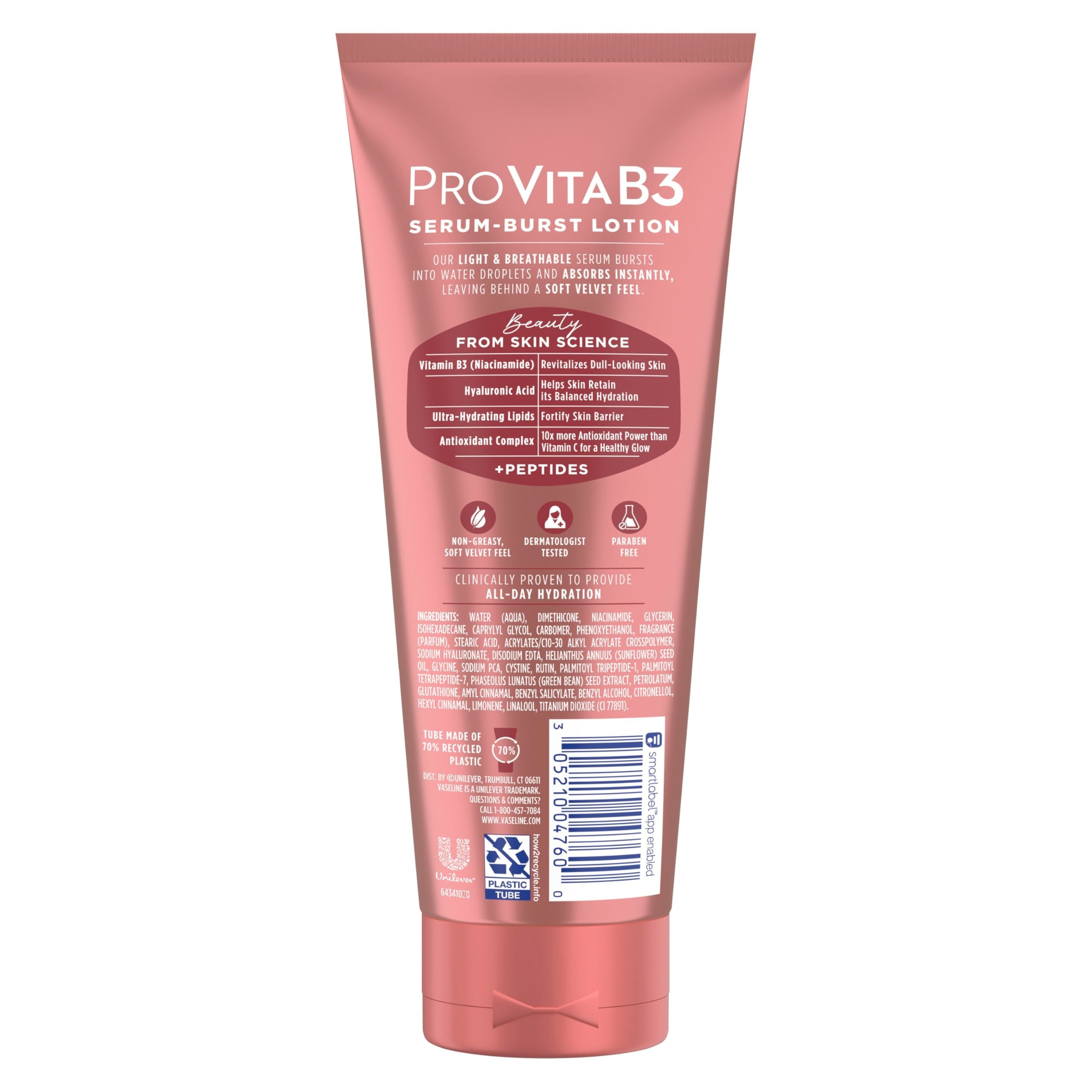 Vaseline Pro VitaB3 body lotion showing key ingredients Niacinamide and Hyaluronic Acid