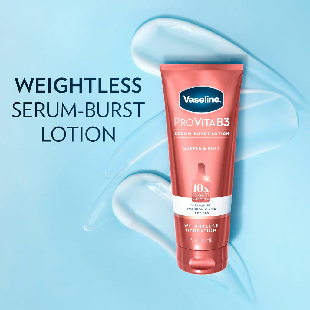 Vaseline Pro VitaB3 Serum Burst Lotion texture and water droplet demonstration