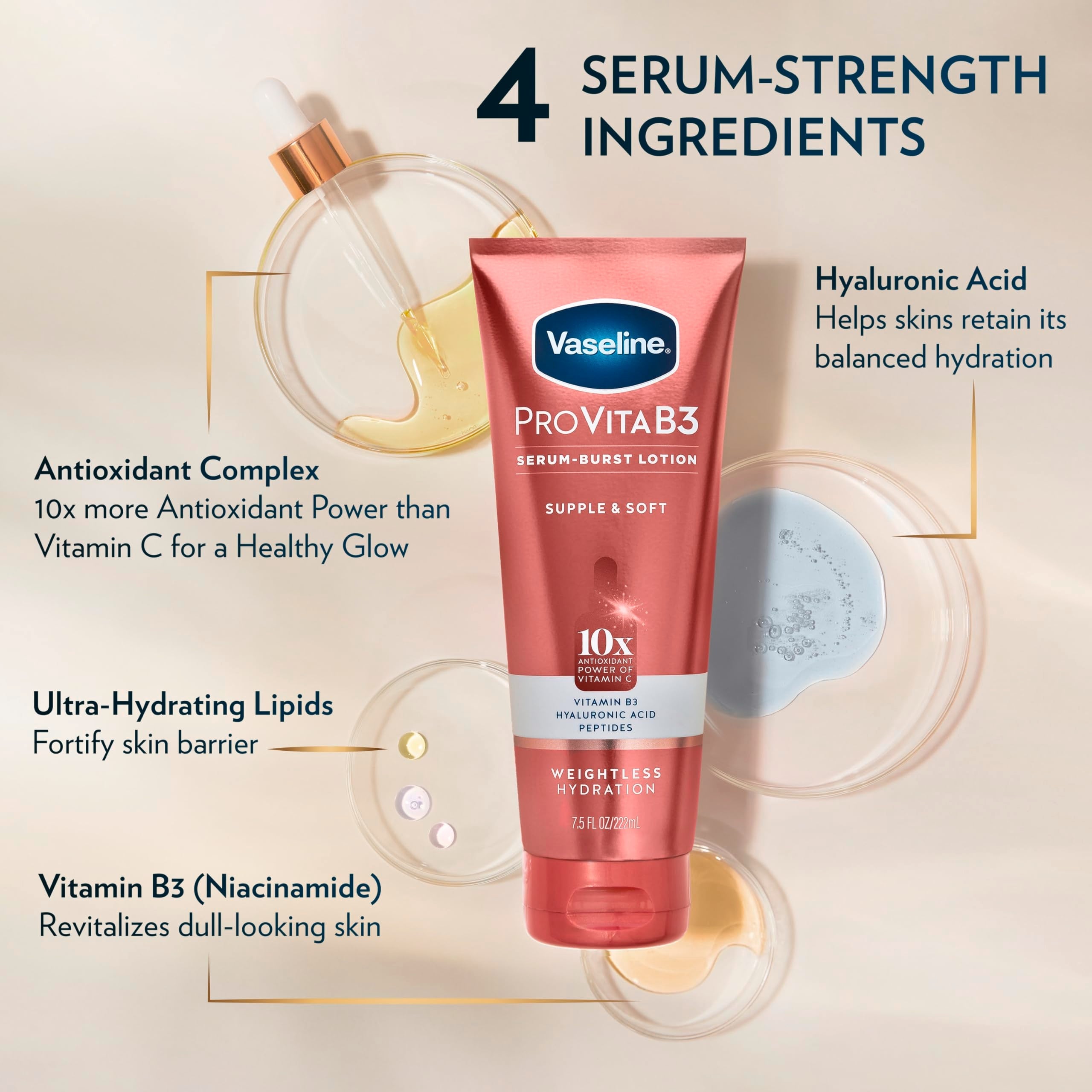 Dermatologist tested Vaseline Pro VitaB3 packaging back panel with ingredient list