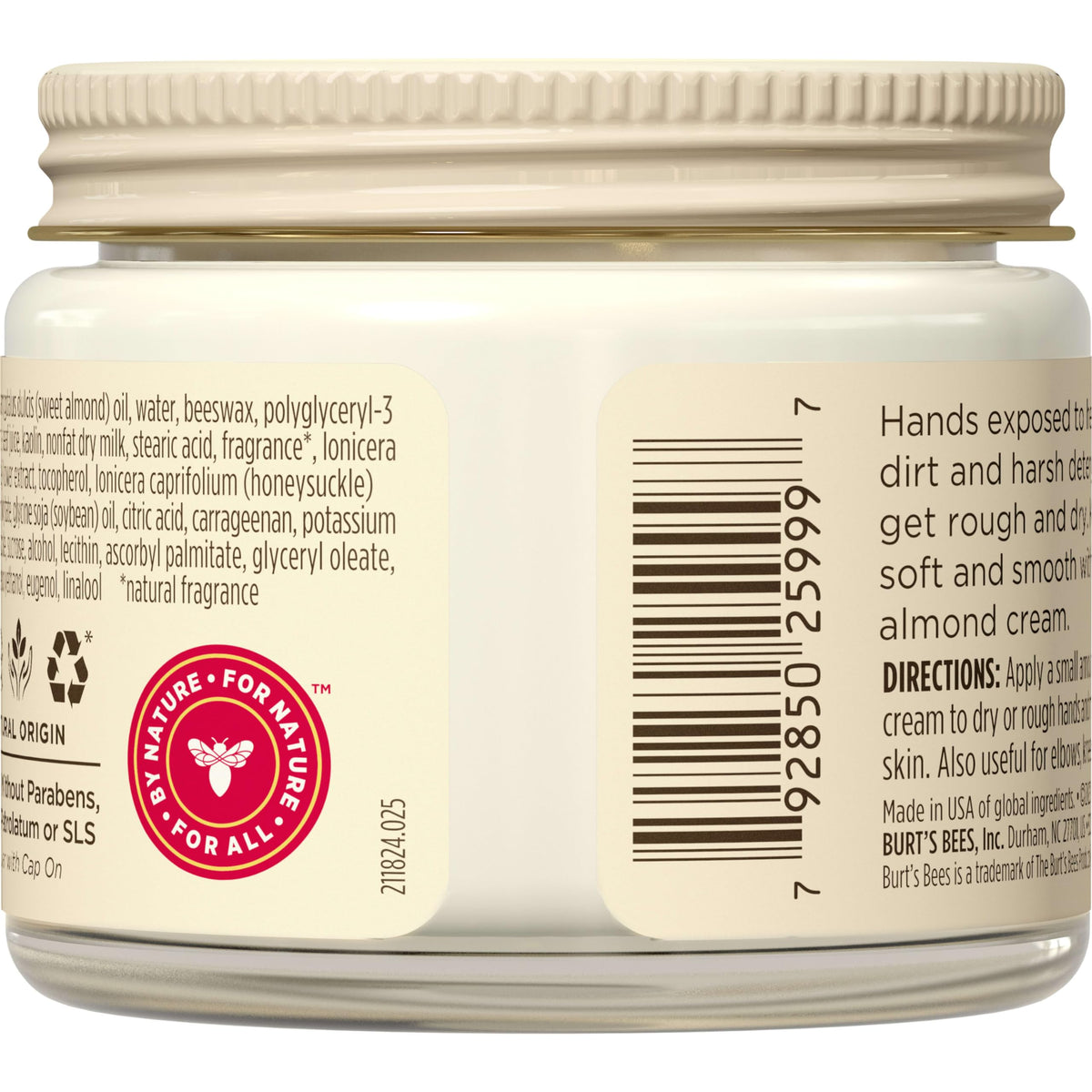 Burt's Bees Almond And Milk Hand Cream back label and ingredient details