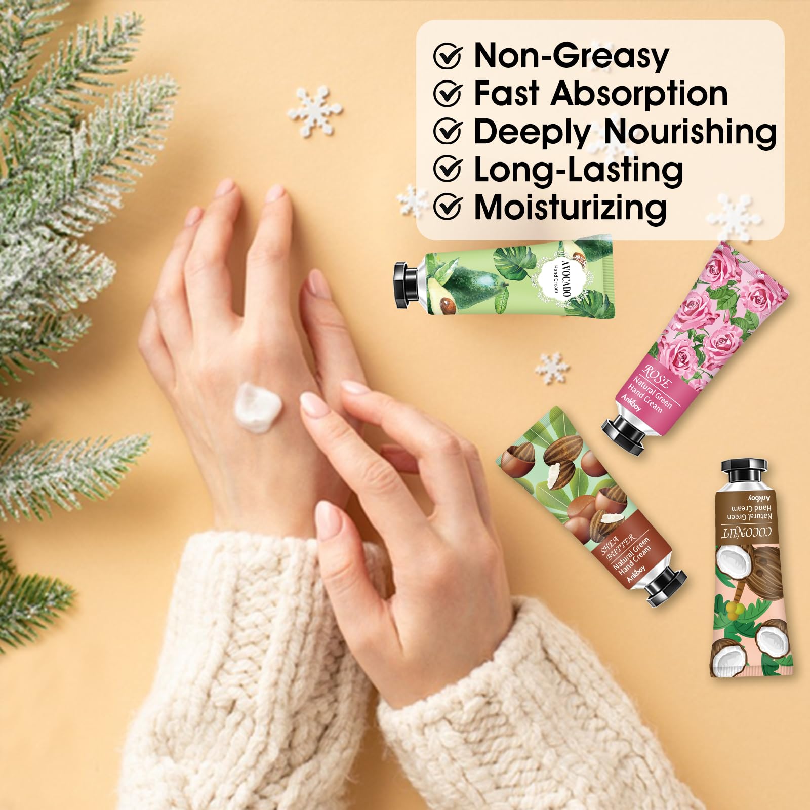 Mini travel size tubes of Ankooy hand cream showcasing various botanical ingredients like shea butter