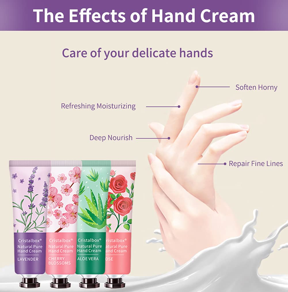 A single 0.66 fluid ounce CRISTALBOX lavender hand cream tube held to demonstrate its convenient travel size scale