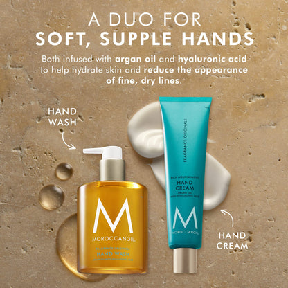 Travel size Moroccanoil hand moisturizer tube held in hand showcasing its compact size.