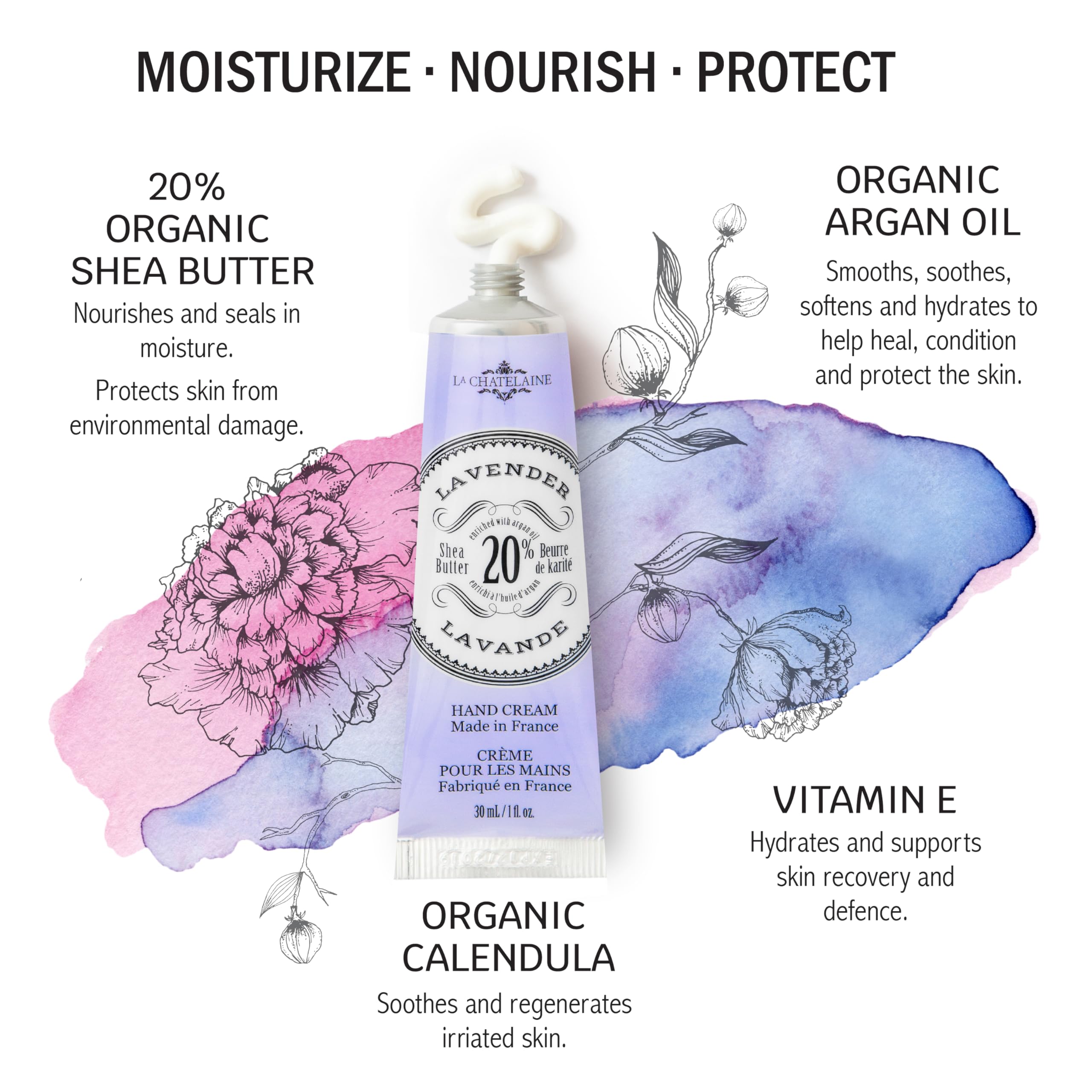 La Chatelaine twenty percent shea butter moisturizing hand lotion showing the back packaging with ingredients list