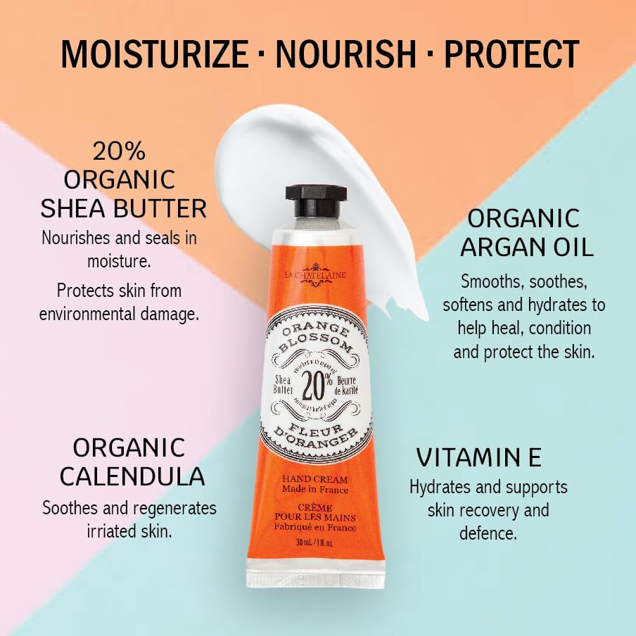 La Chatelaine organic shea butter hand lotion tubes inside embossed metal gift box