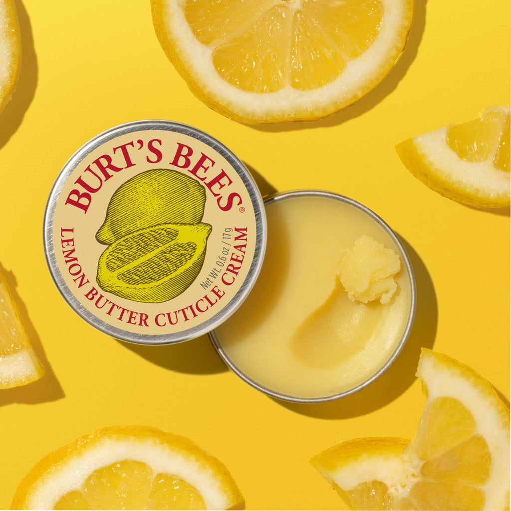 Burt's Bees 0.6 ounce cuticle balm tin open showing texture