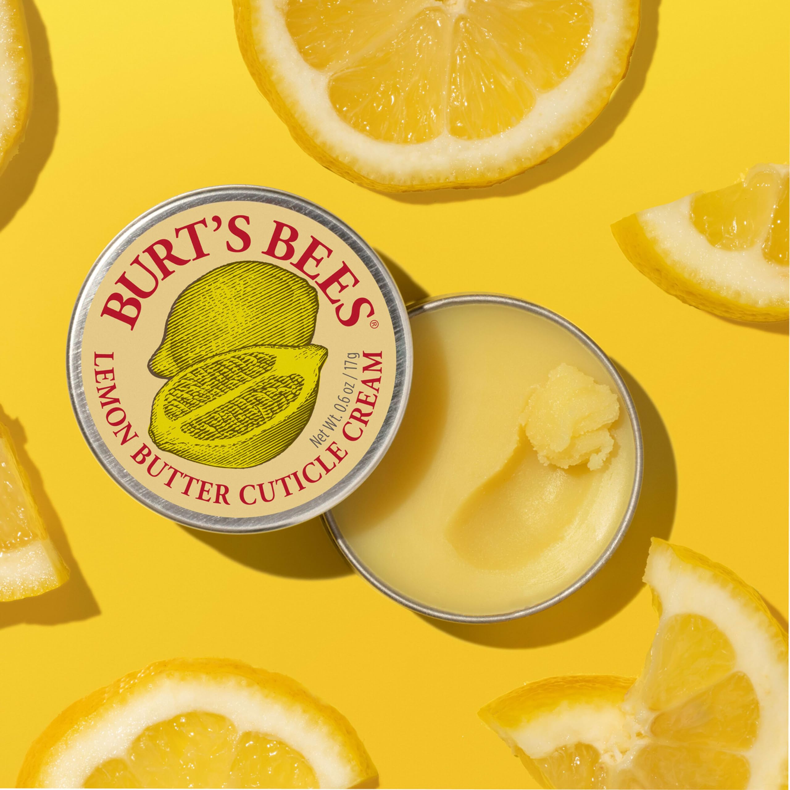Open tin showing the rich yellow buttery texture of the intensive lemon cuticle cream