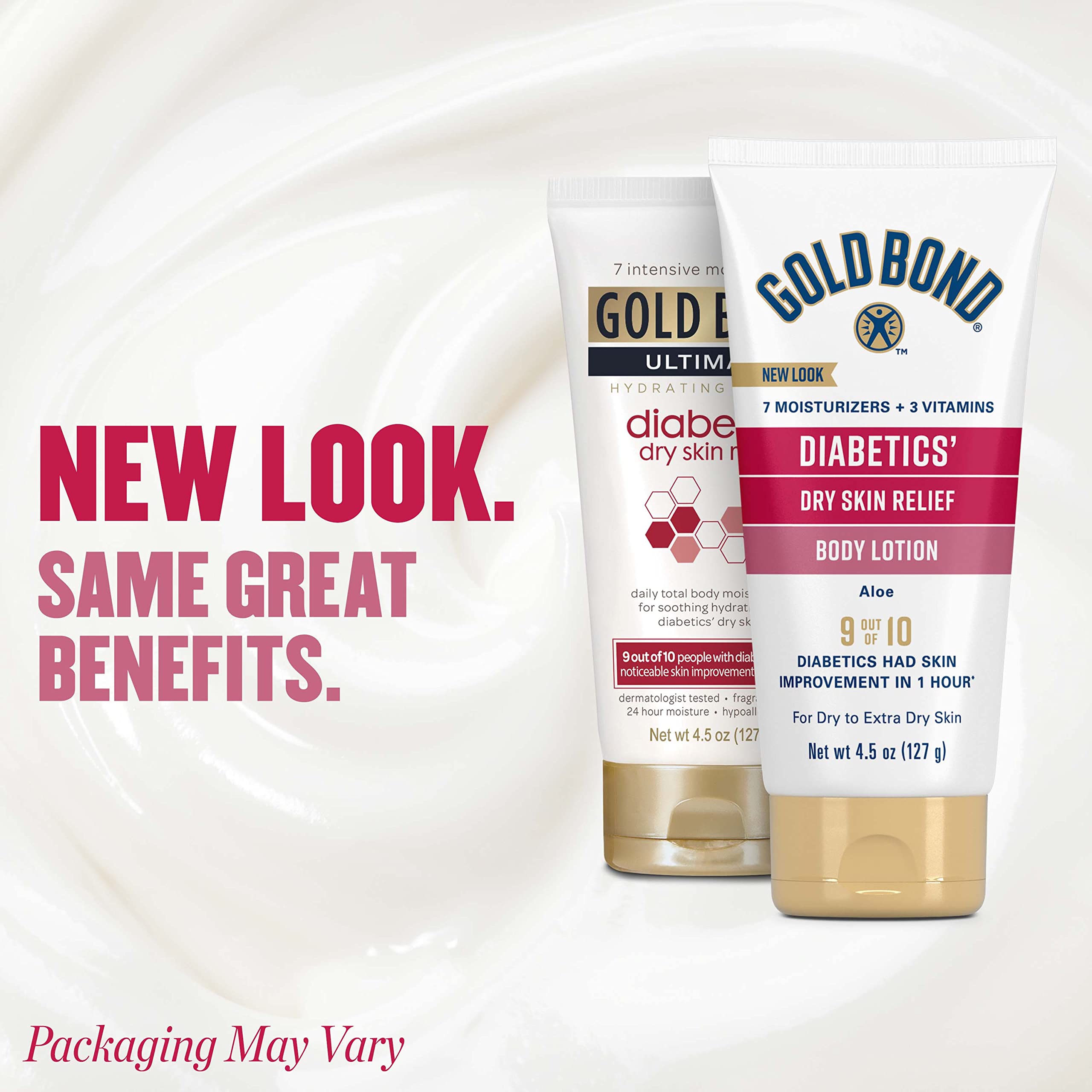 Gold Bond imported diabetic skin care lotion packaging detailing seven intensive moisturizers