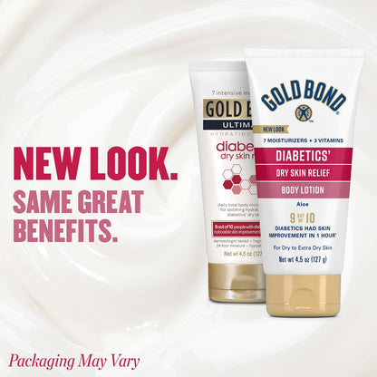 Gold Bond imported diabetic skin care lotion packaging detailing seven intensive moisturizers