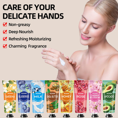 Premium hand cream gift box assortment containing multiple natural fragrances