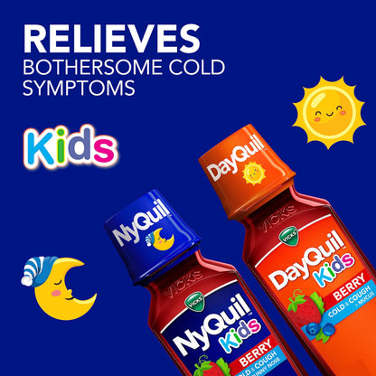 Back label of Vicks Kids DayQuil showing drug facts and dosage instructions.