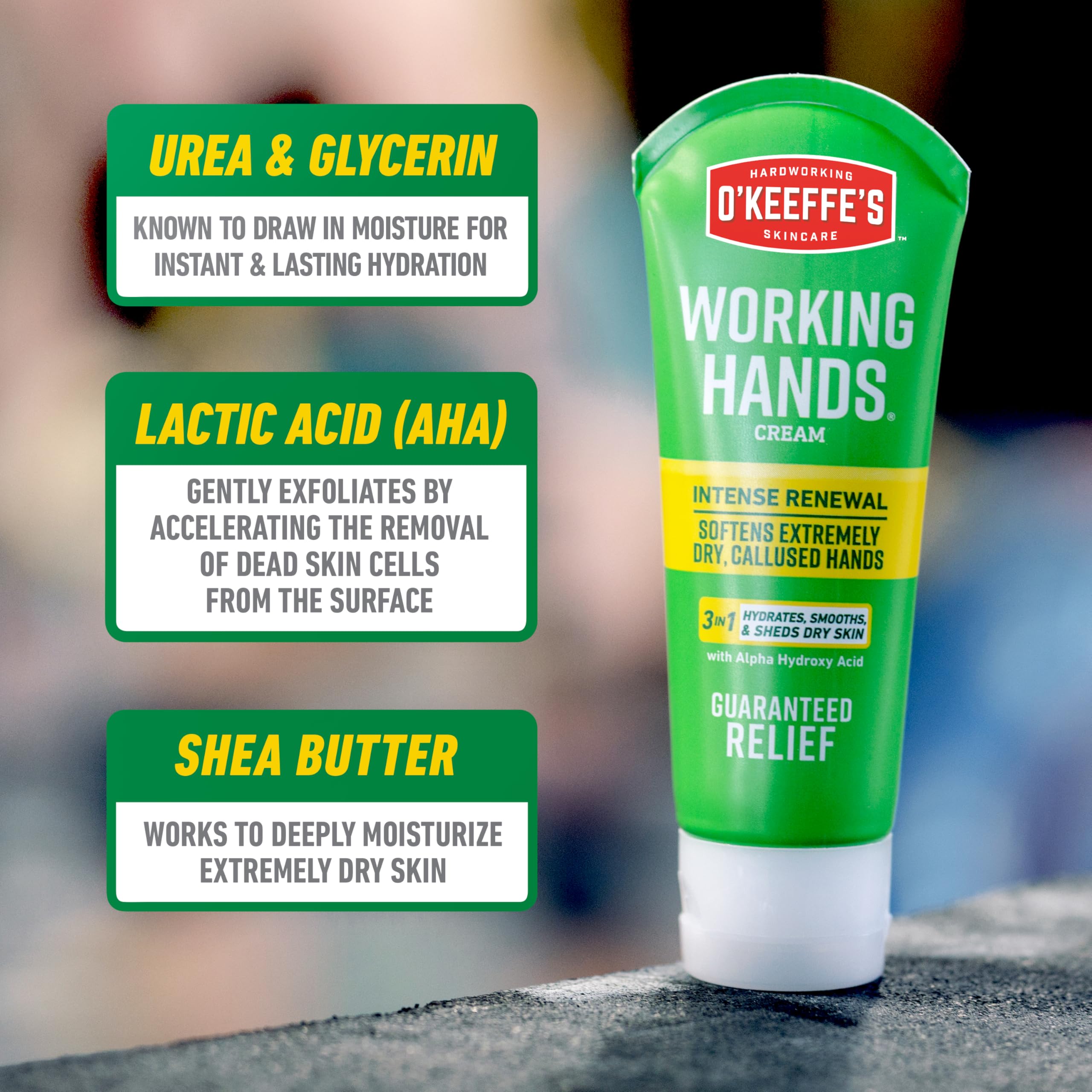 O'Keeffe's Working Hands tube showing packaging textures and details