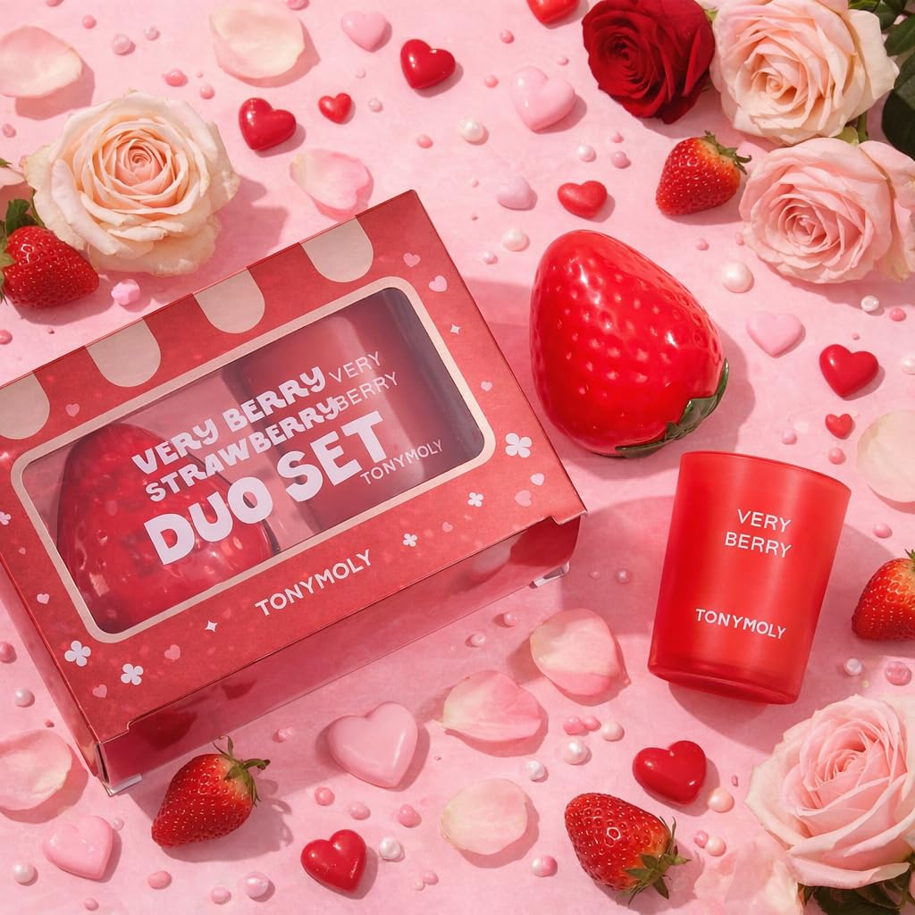 Close up of Tonymoly strawberry scented hand cream tube and packaging